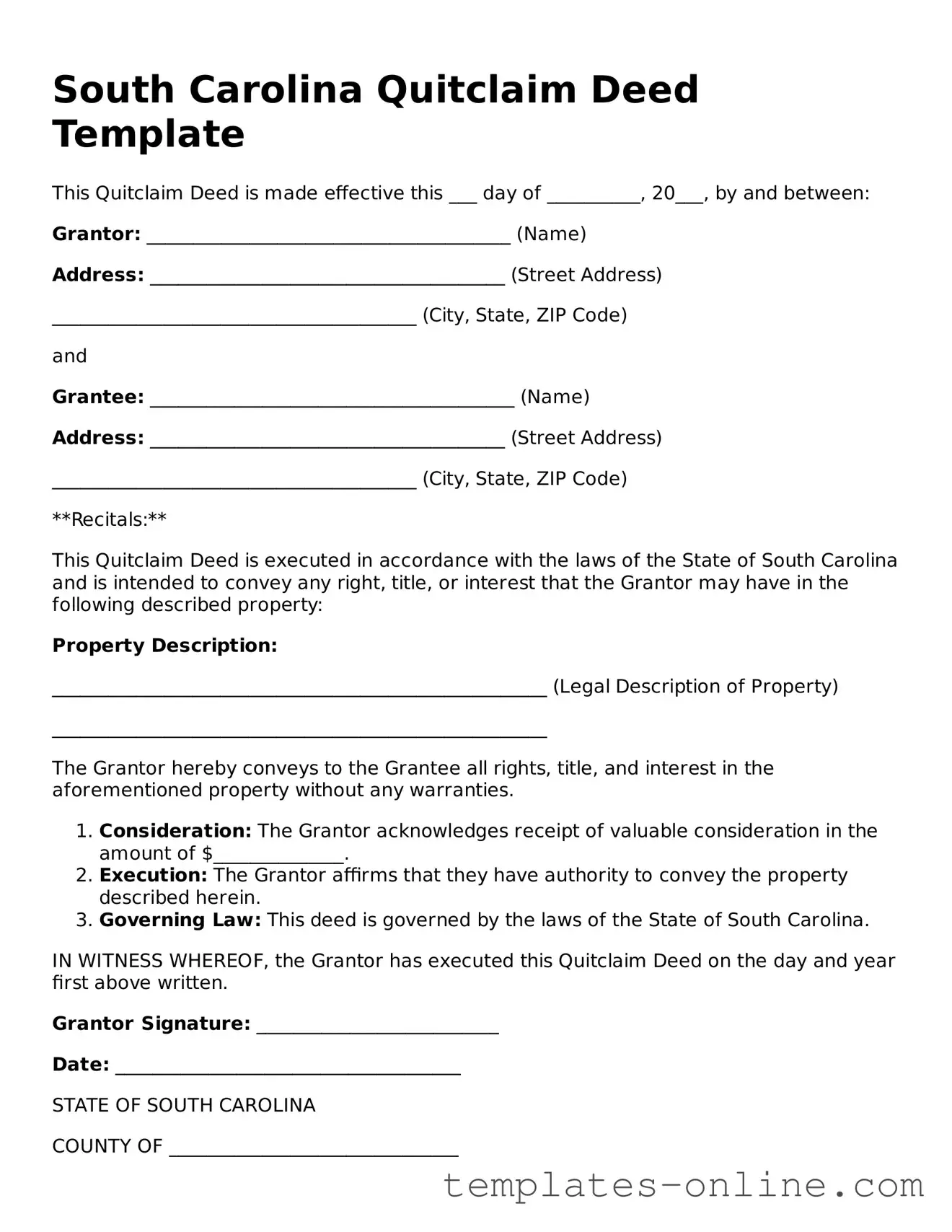 Valid  Quitclaim Deed Template for South Carolina