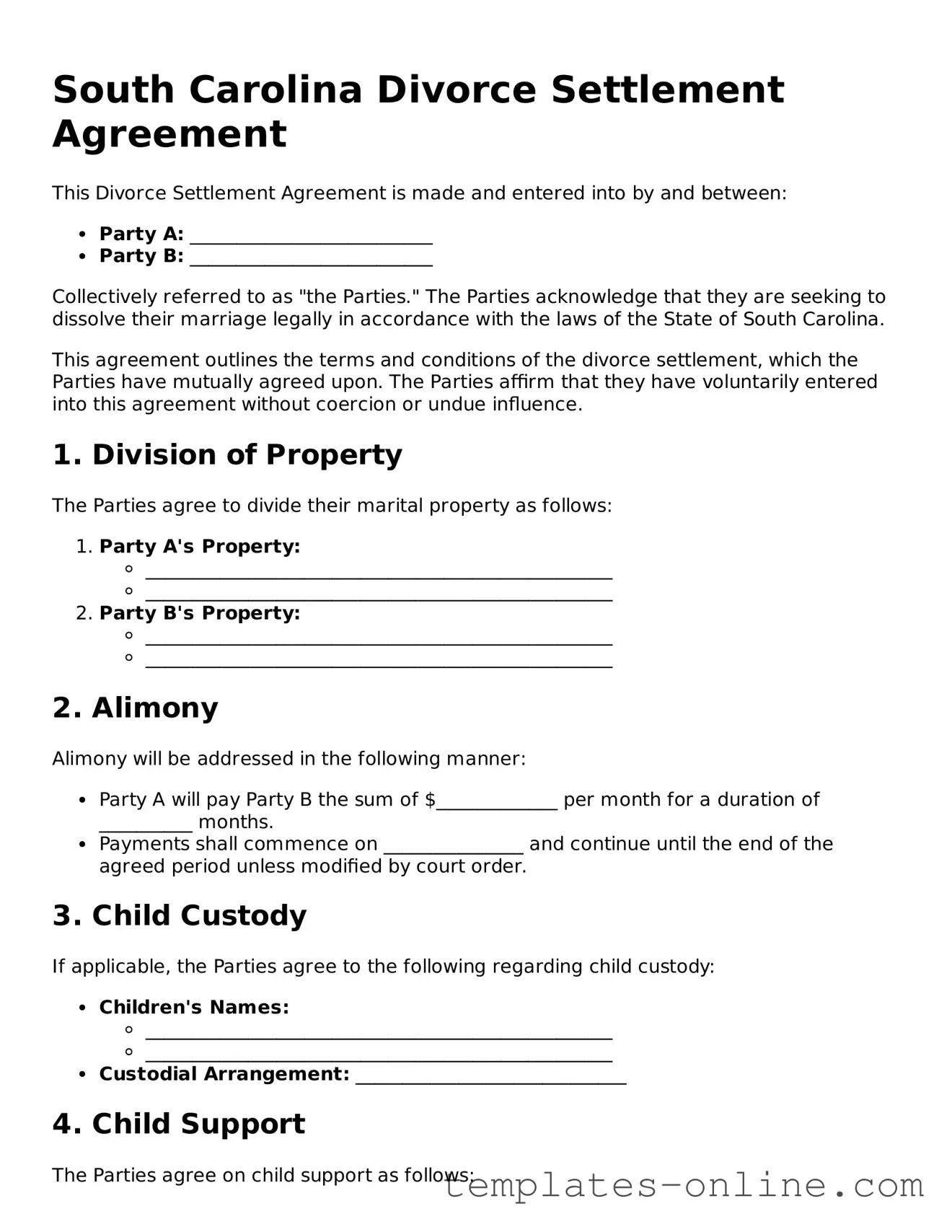 Valid  Divorce Settlement Agreement Template for South Carolina