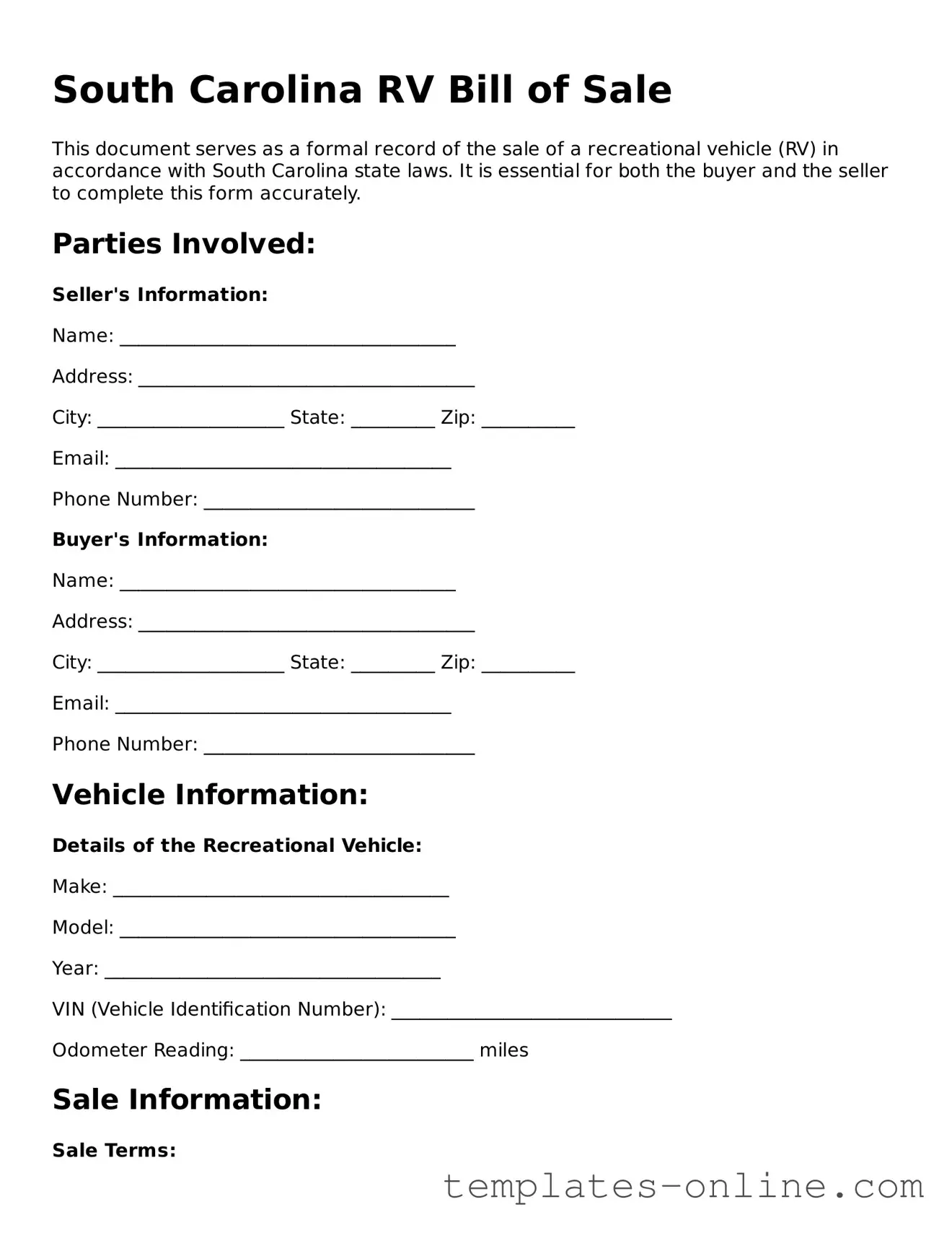 Valid  RV Bill of Sale Template for South Carolina