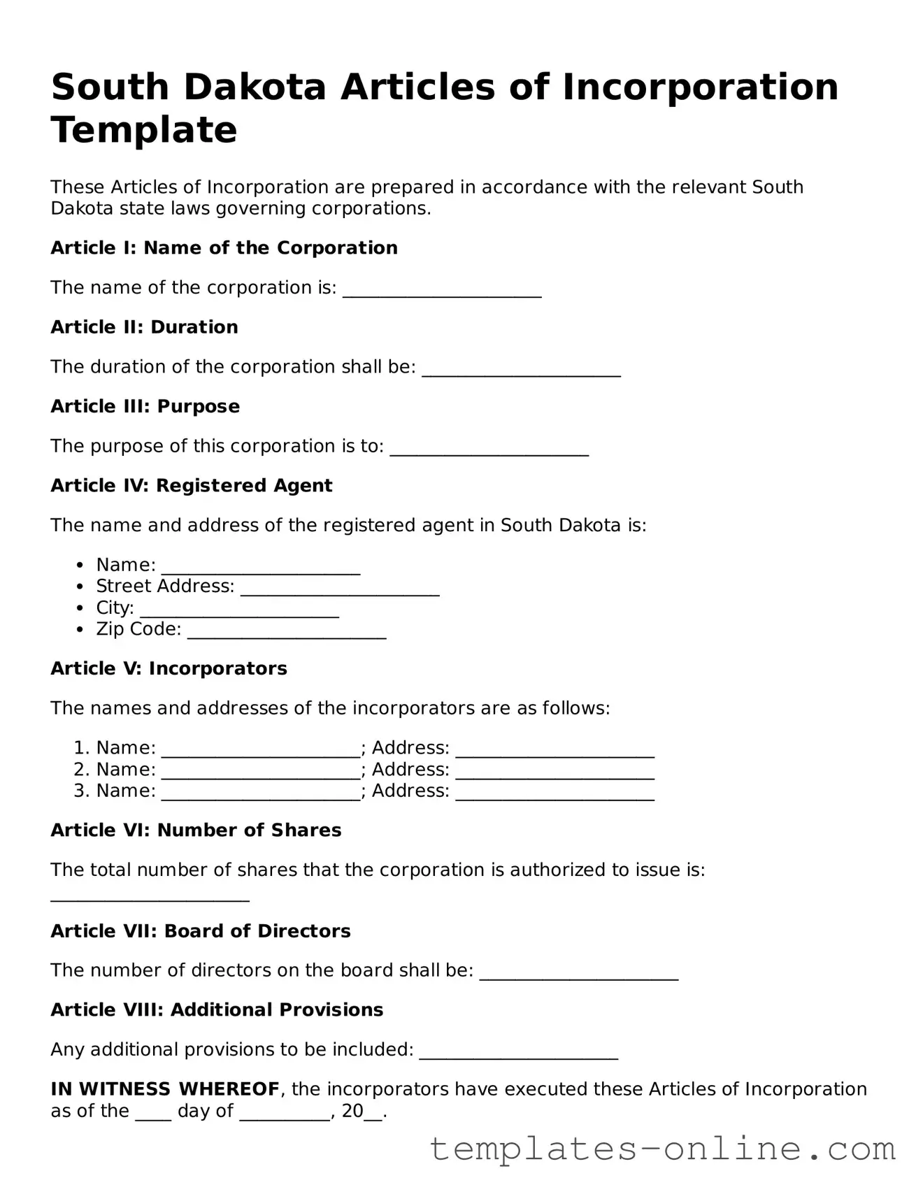 Valid  Articles of Incorporation Template for South Dakota