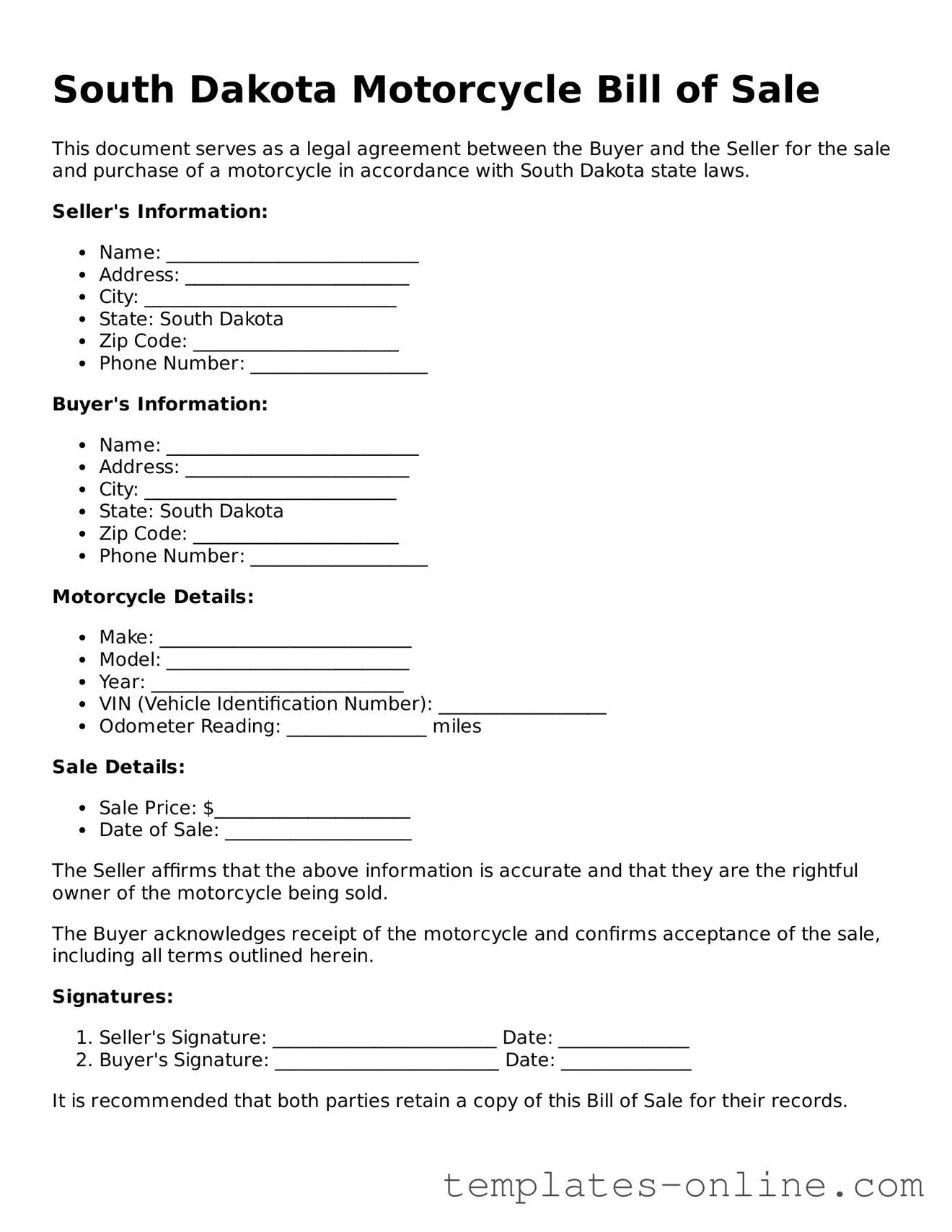 Valid  Motorcycle Bill of Sale Template for South Dakota