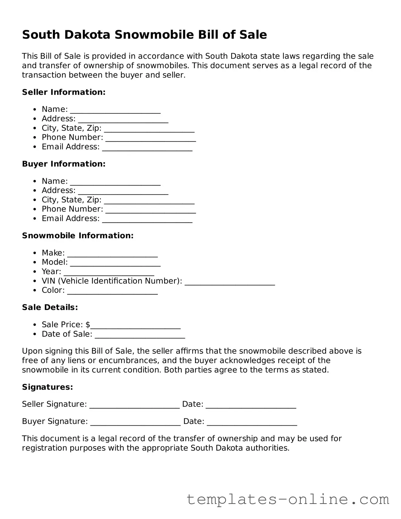 Valid  Snowmobile Bill of Sale Template for South Dakota
