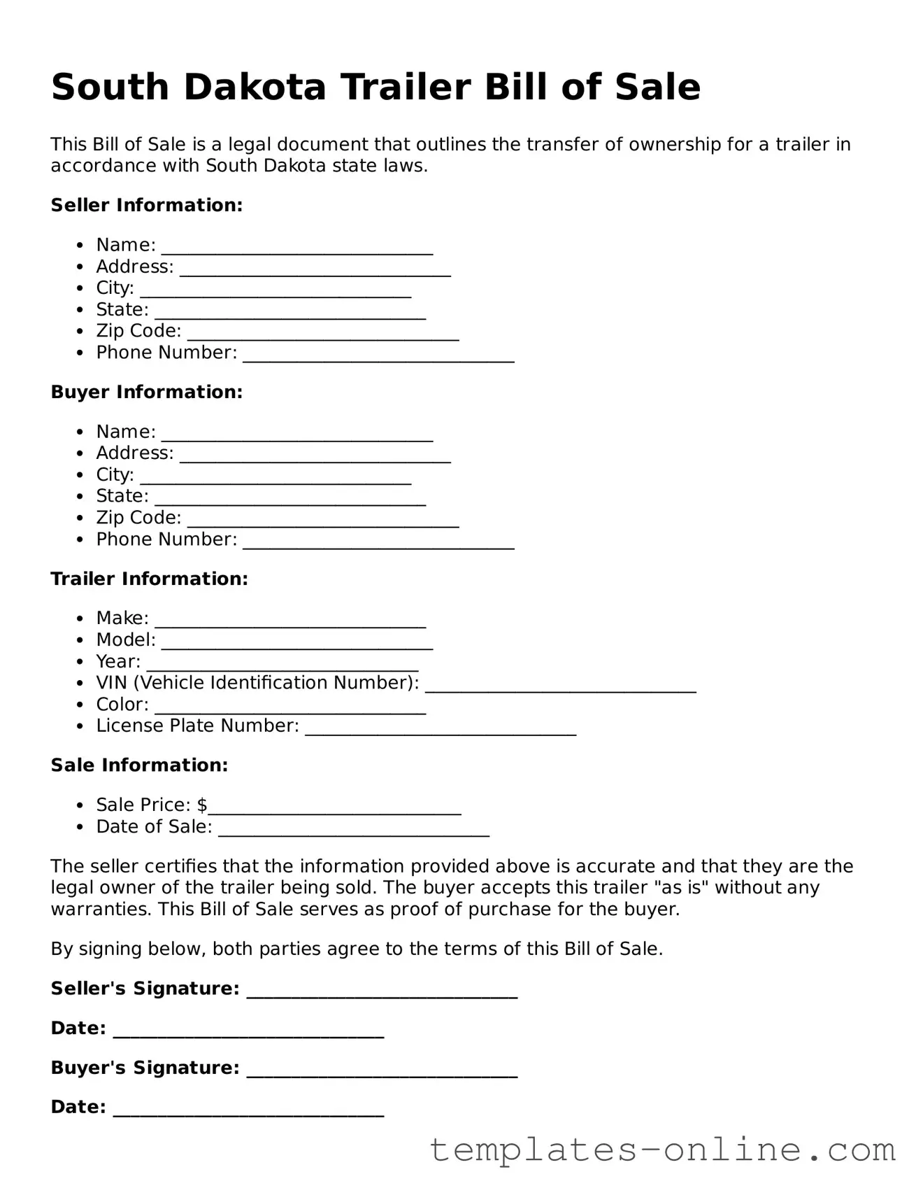 Valid  Trailer Bill of Sale Template for South Dakota
