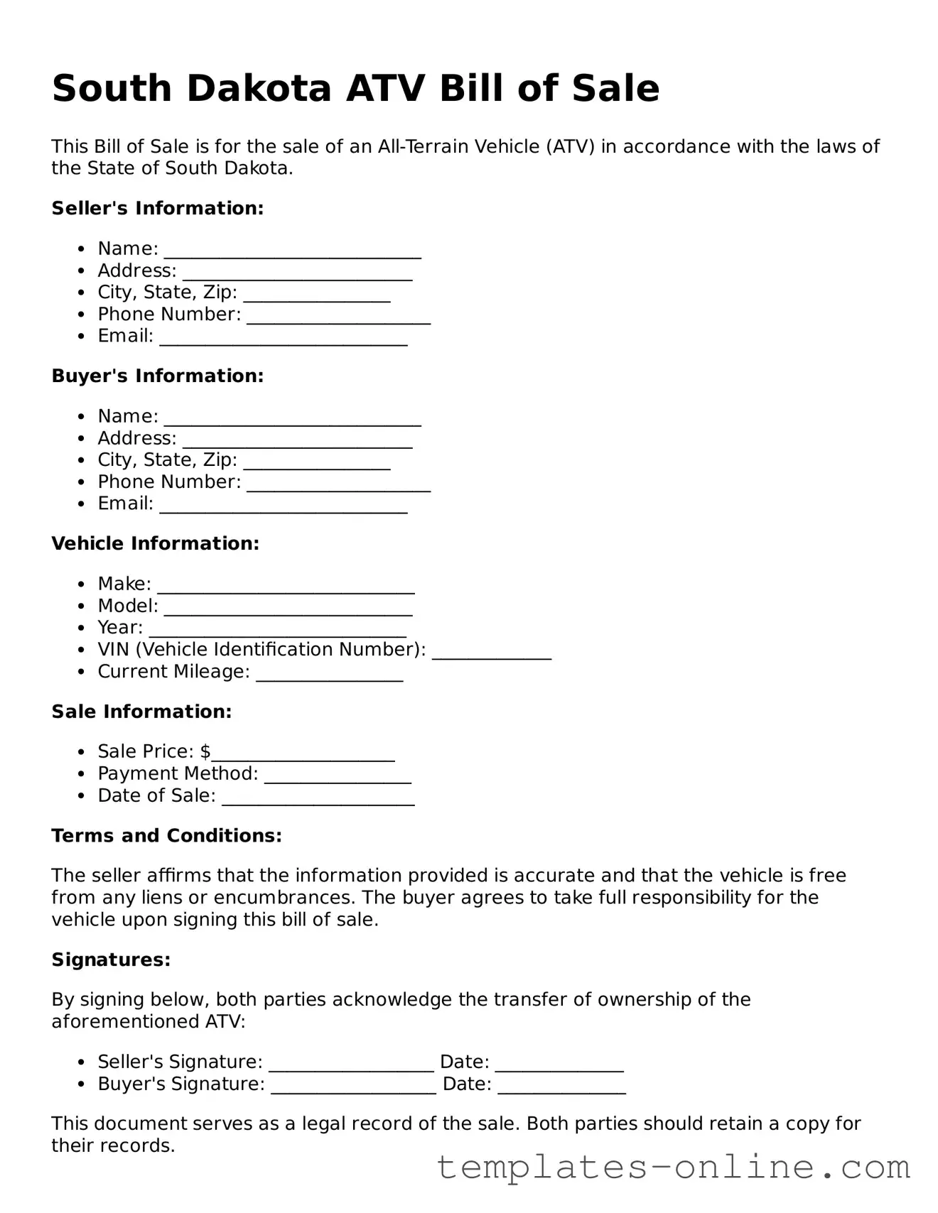 Valid  ATV Bill of Sale Template for South Dakota