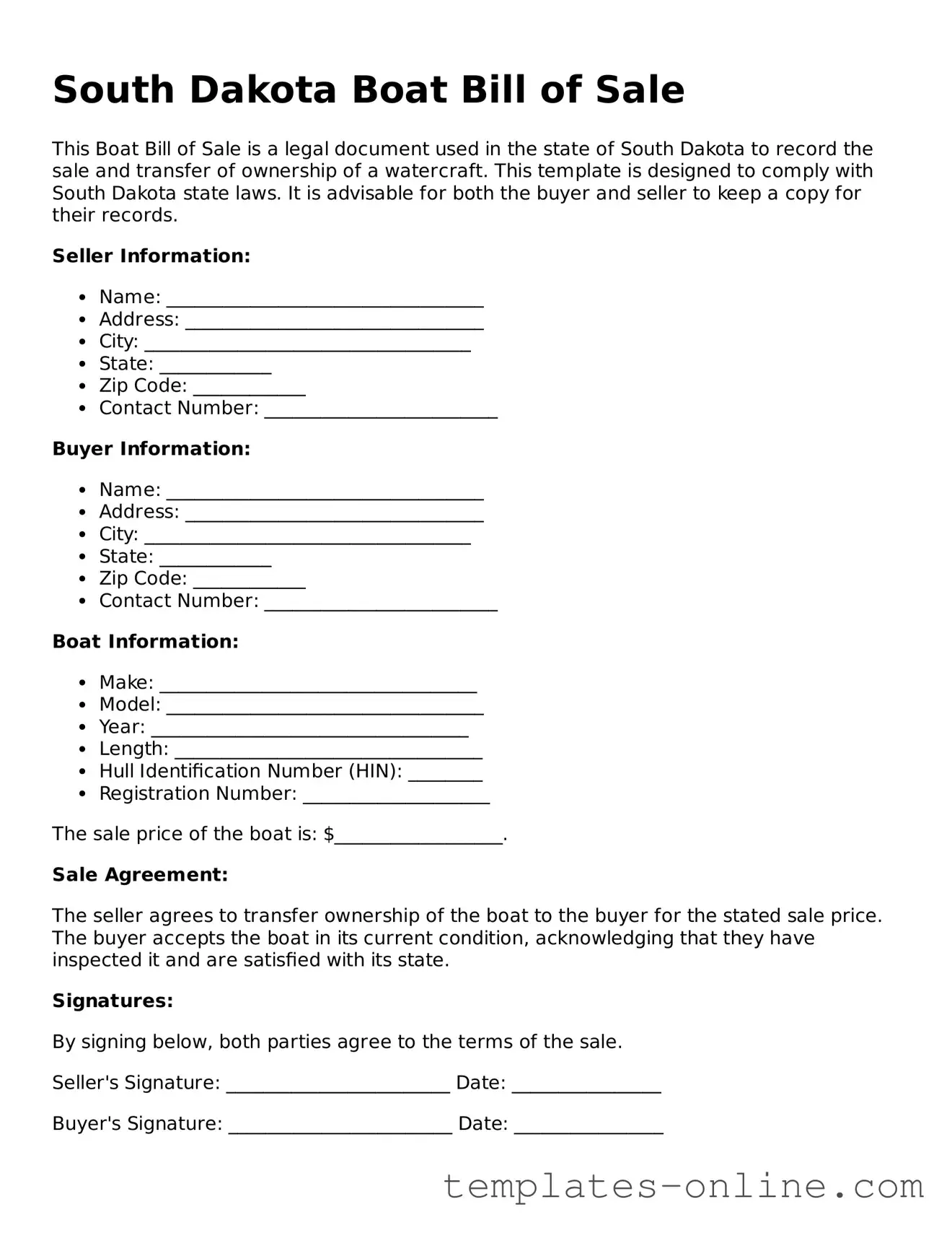 Valid  Boat Bill of Sale Template for South Dakota