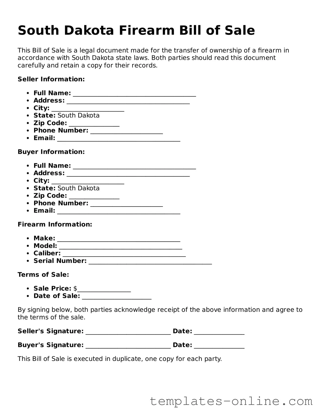 Valid  Firearm Bill of Sale Template for South Dakota