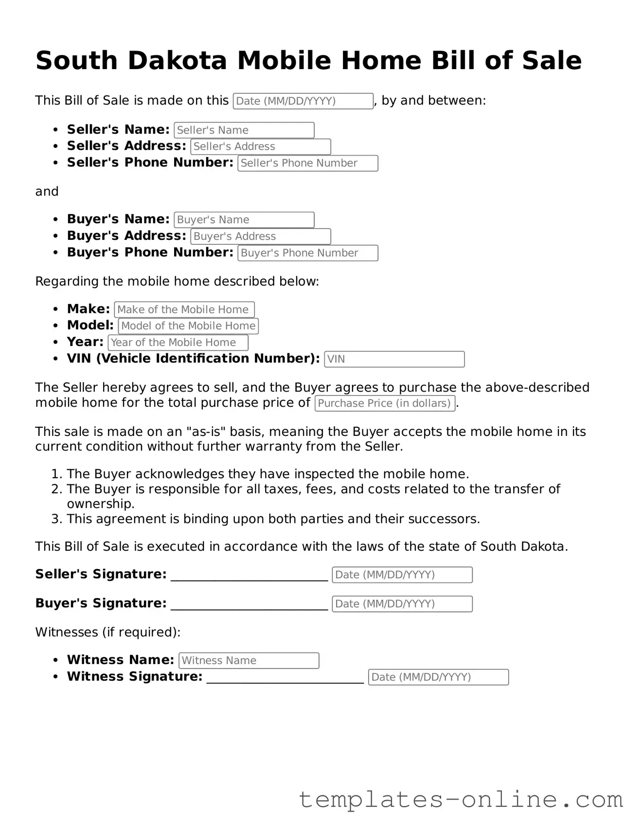 Valid  Mobile Home Bill of Sale Template for South Dakota