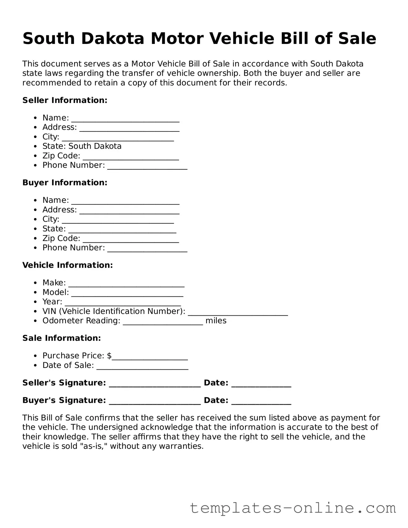 Valid  Motor Vehicle Bill of Sale Template for South Dakota