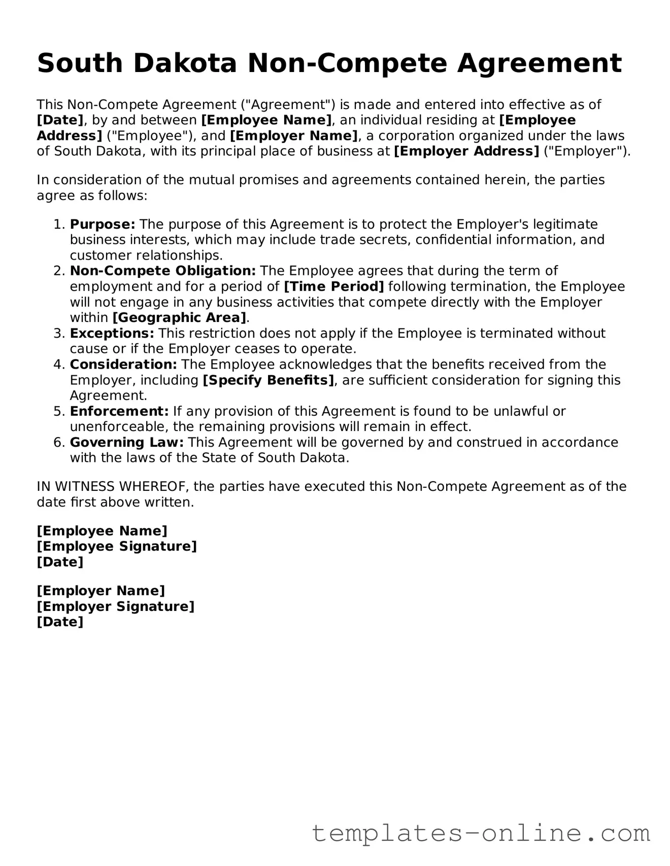Valid  Non-compete Agreement Template for South Dakota