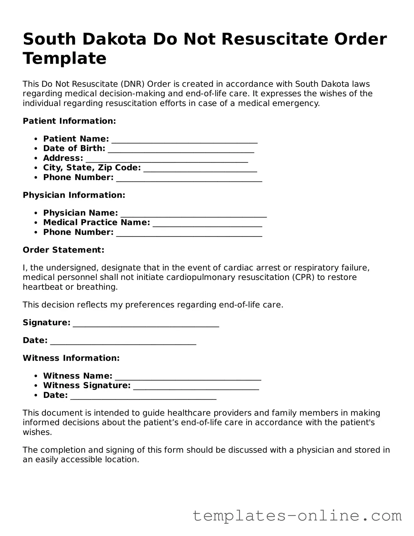 Valid  Do Not Resuscitate Order Template for South Dakota