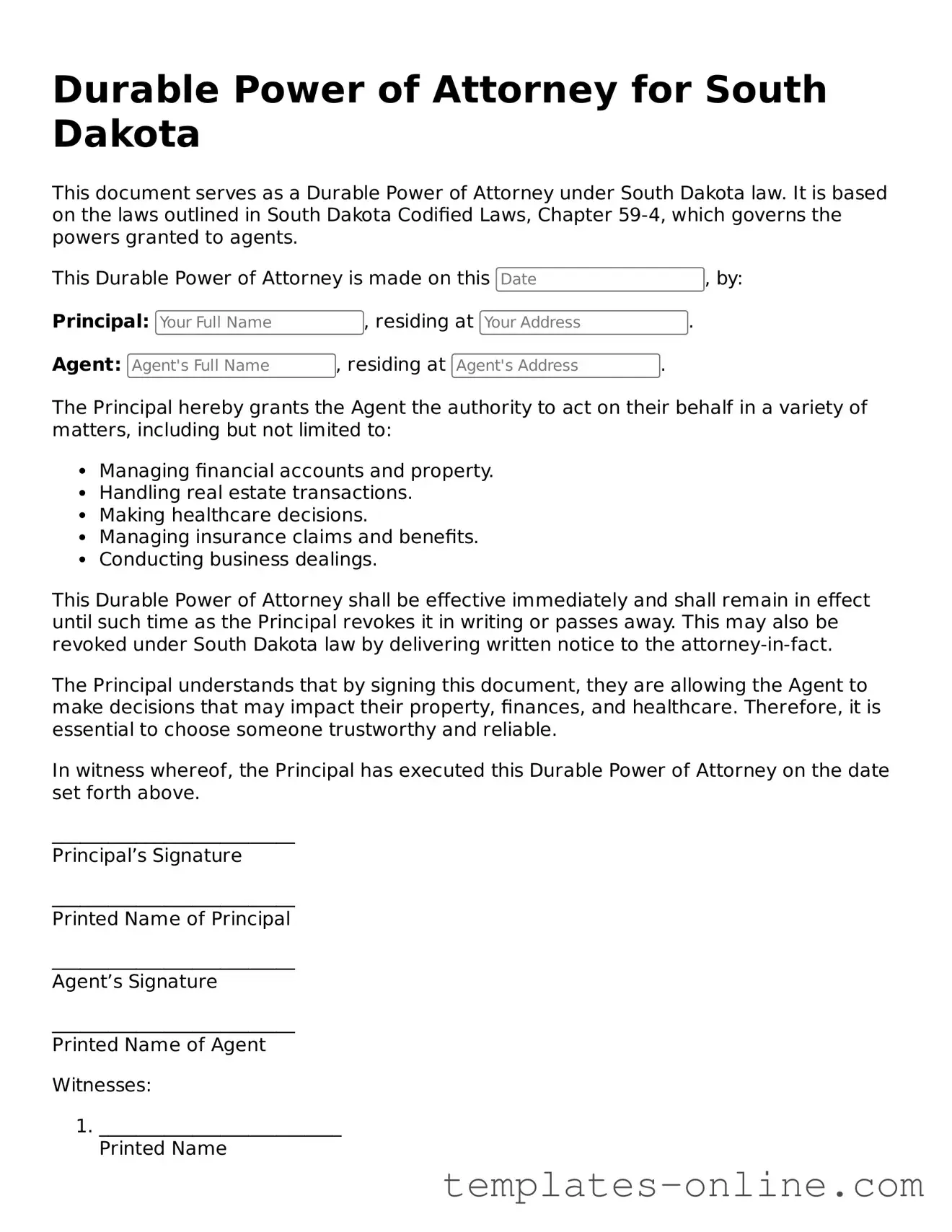 Valid  Durable Power of Attorney Template for South Dakota