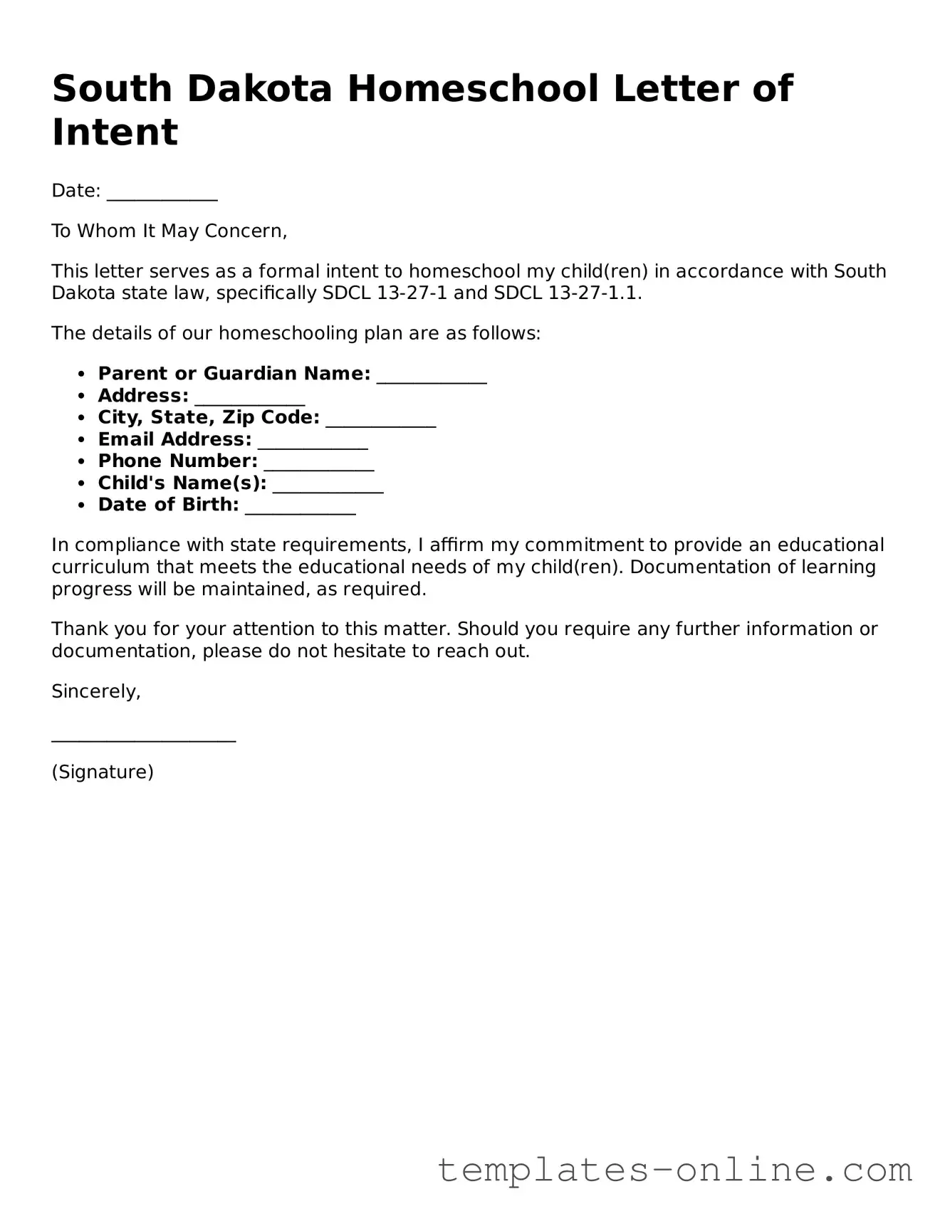 Valid  Homeschool Letter of Intent Template for South Dakota
