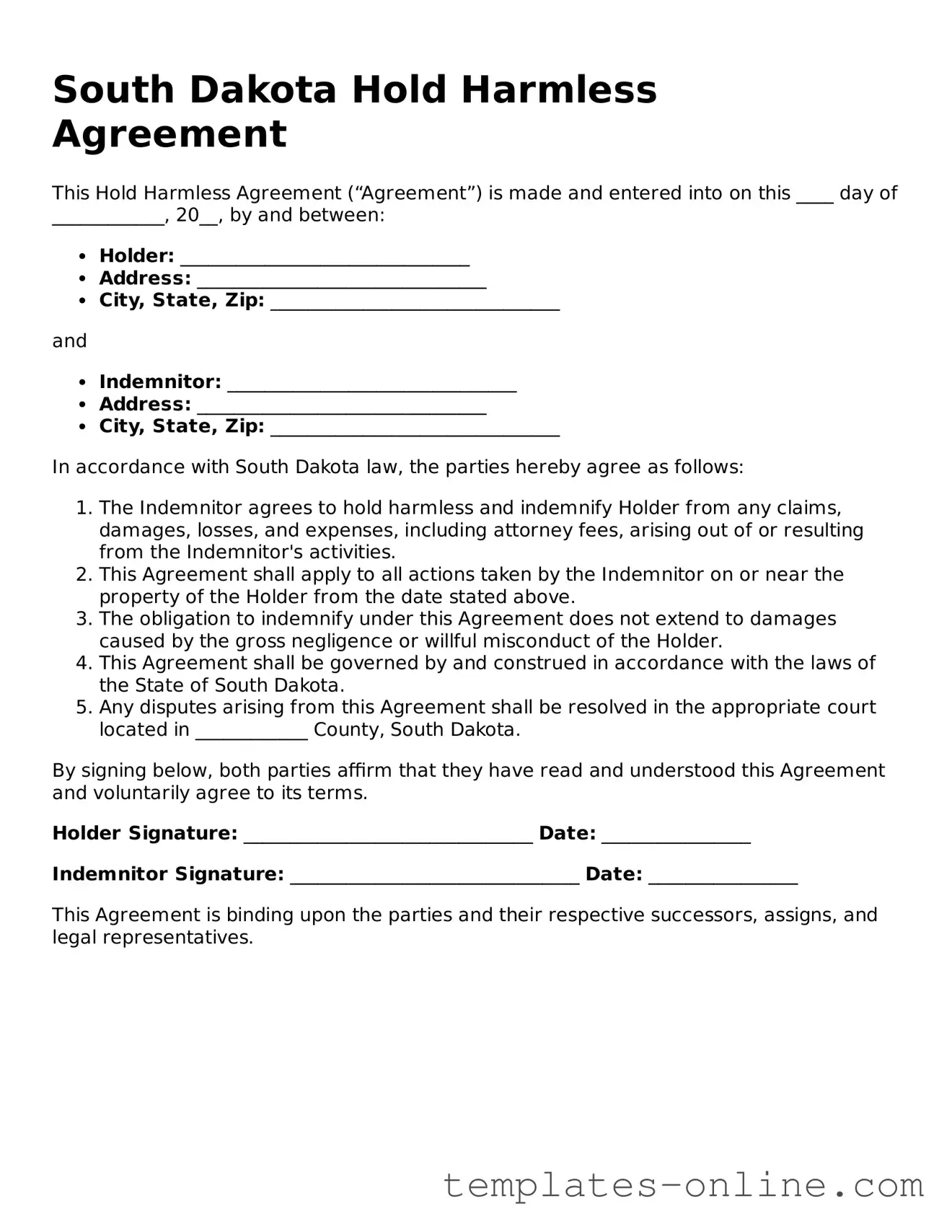 Valid  Hold Harmless Agreement Template for South Dakota