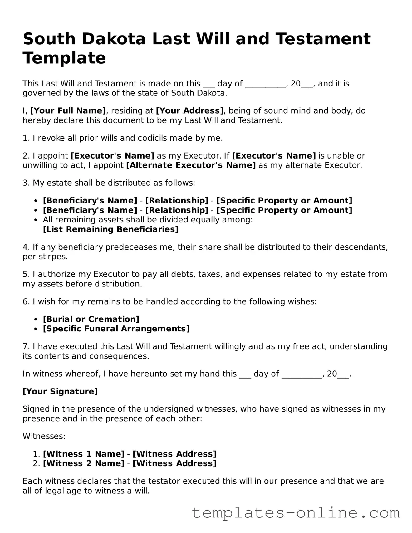 Valid  Last Will and Testament Template for South Dakota