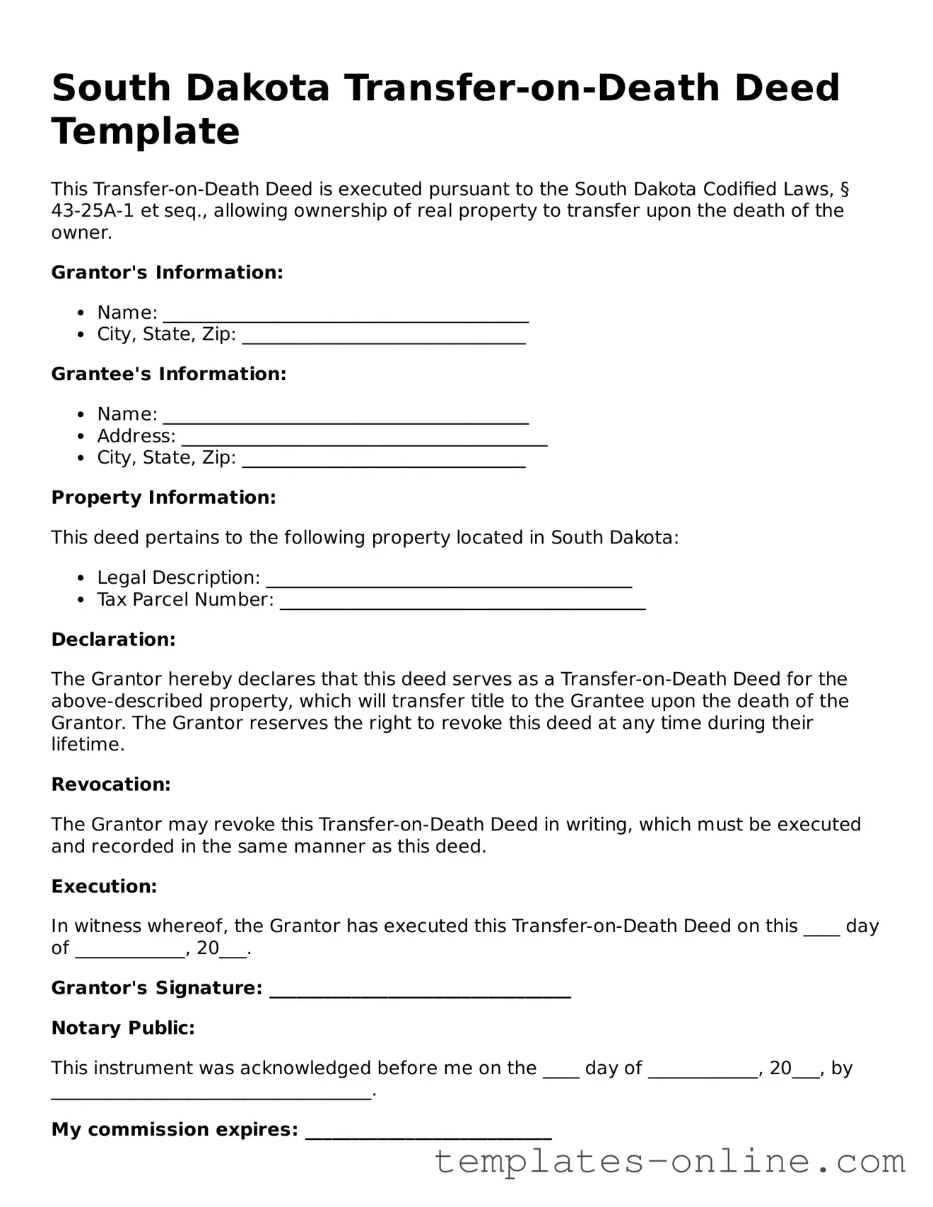 Valid  Transfer-on-Death Deed Template for South Dakota