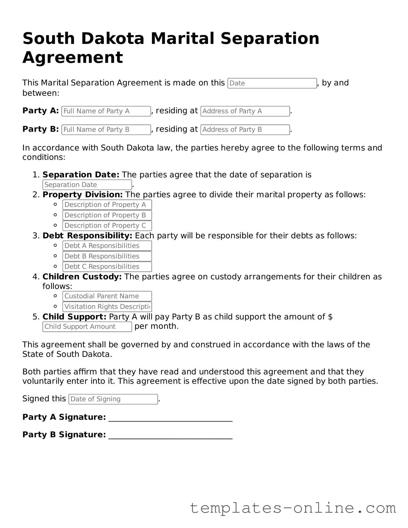 Valid  Marital Separation Agreement Template for South Dakota