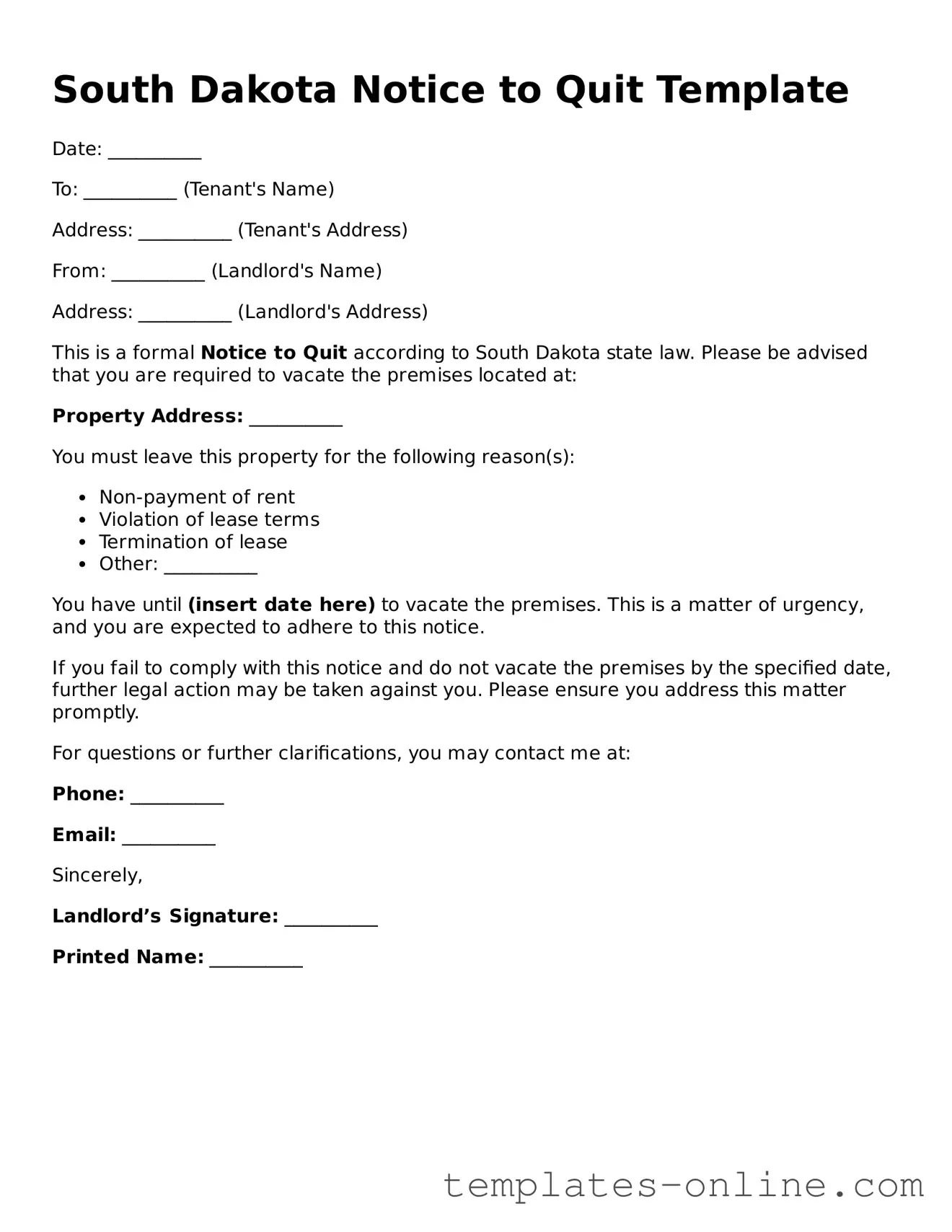Valid  Notice to Quit Template for South Dakota