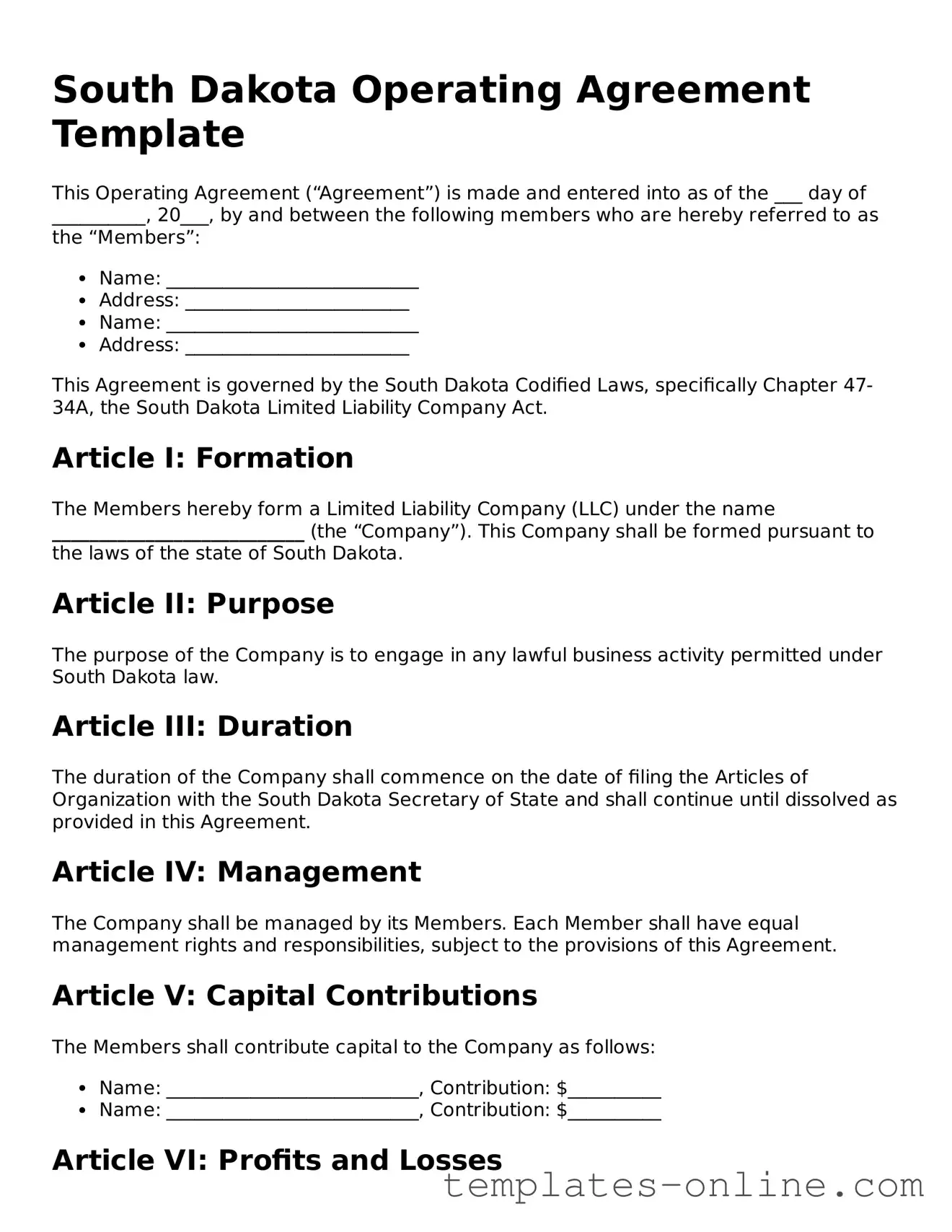 Valid  Operating Agreement Template for South Dakota