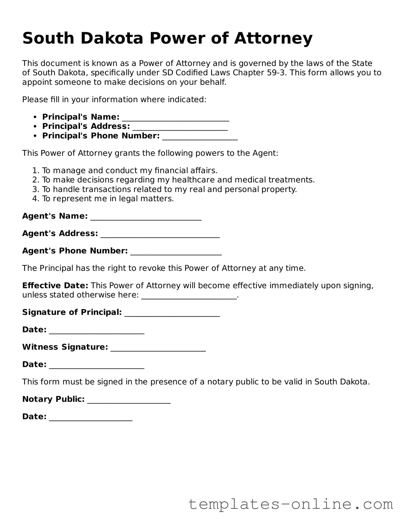 Valid  Power of Attorney Template for South Dakota