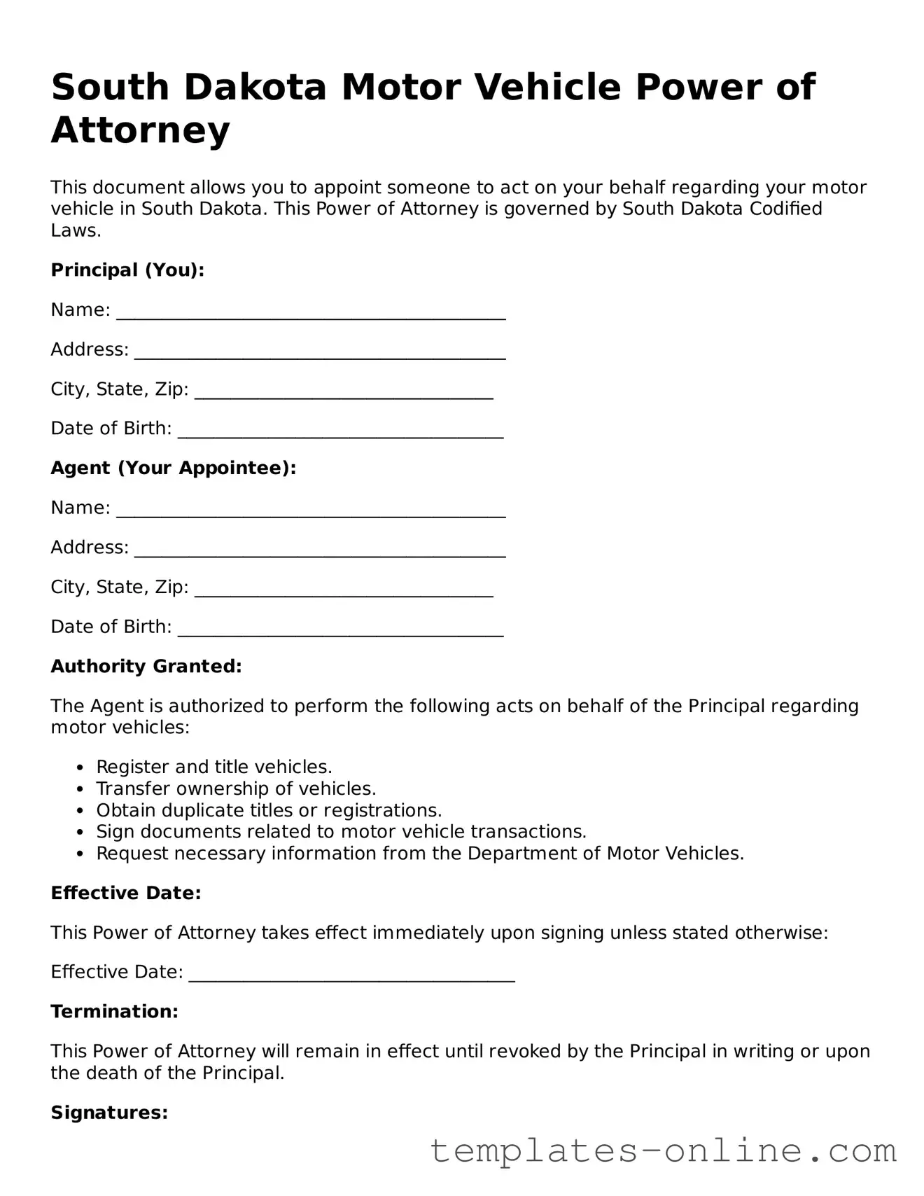 Valid  Motor Vehicle Power of Attorney Template for South Dakota