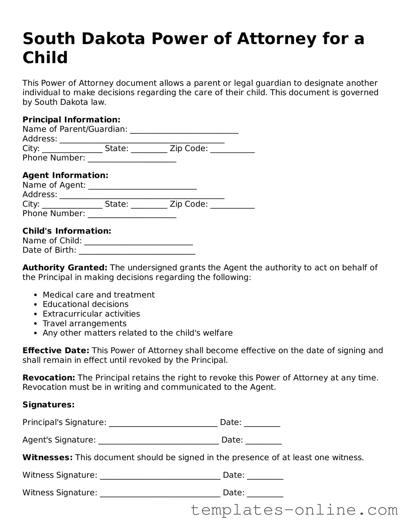 Valid  Power of Attorney for a Child Template for South Dakota