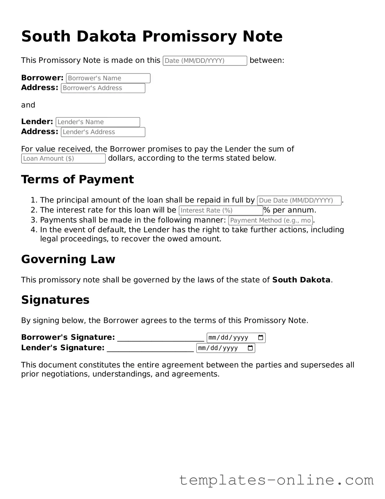 Valid  Promissory Note Template for South Dakota