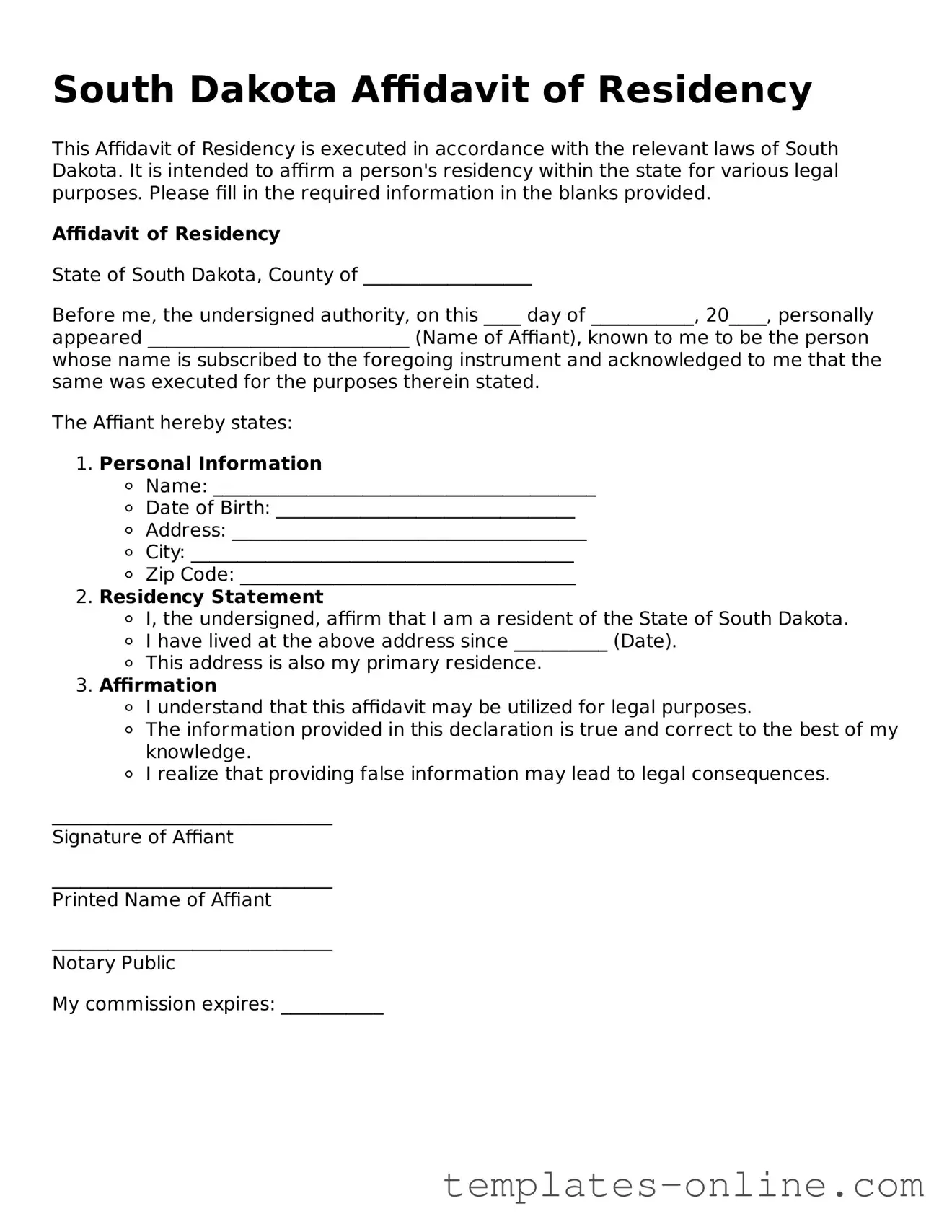 Valid  Affidavit of Residency Template for South Dakota