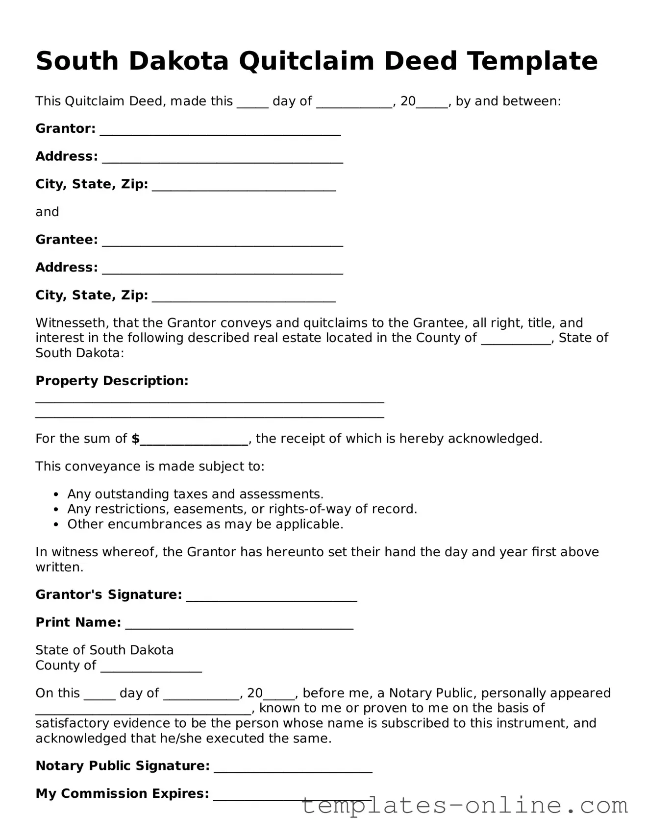 Valid  Quitclaim Deed Template for South Dakota