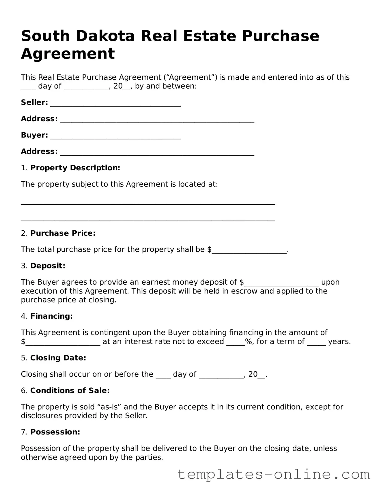 Valid  Real Estate Purchase Agreement Template for South Dakota