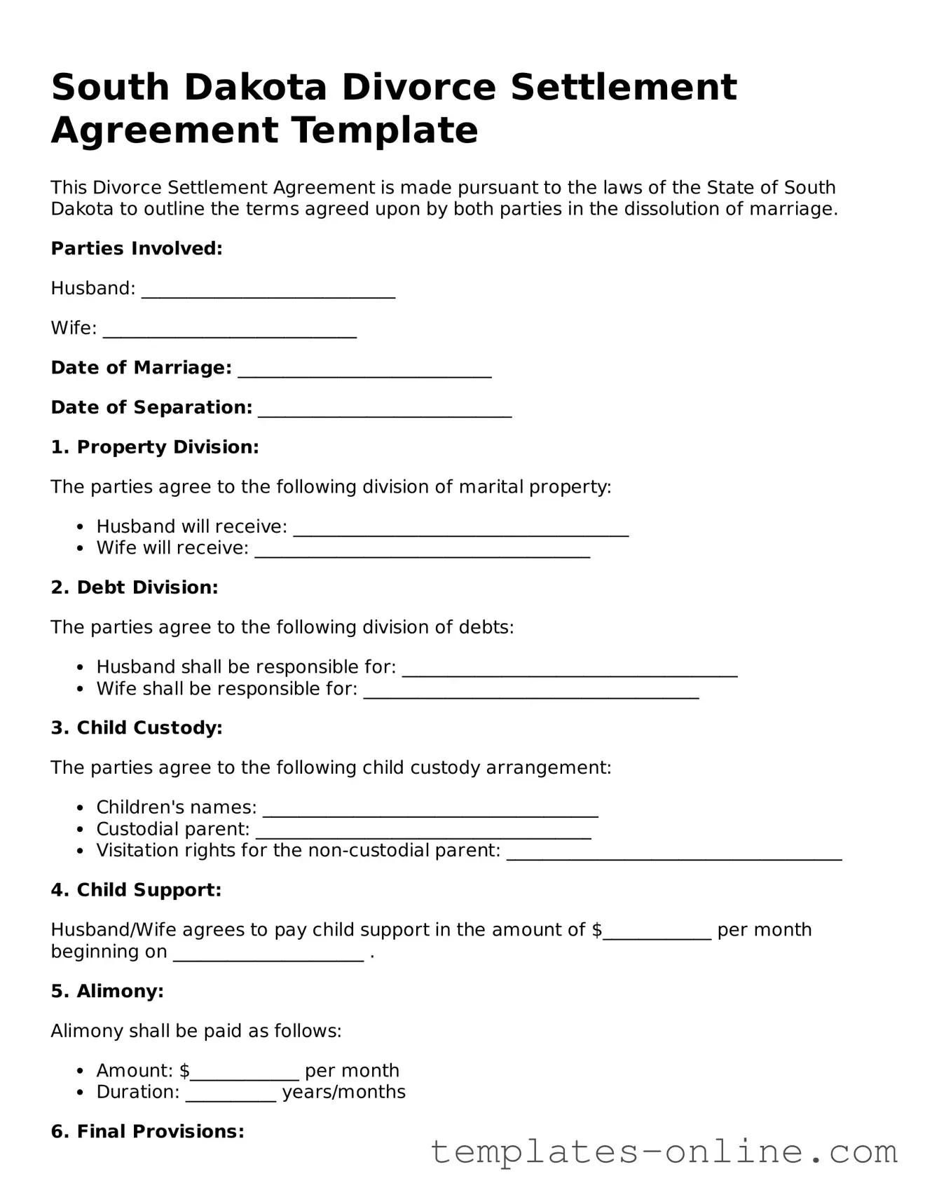 Valid  Divorce Settlement Agreement Template for South Dakota