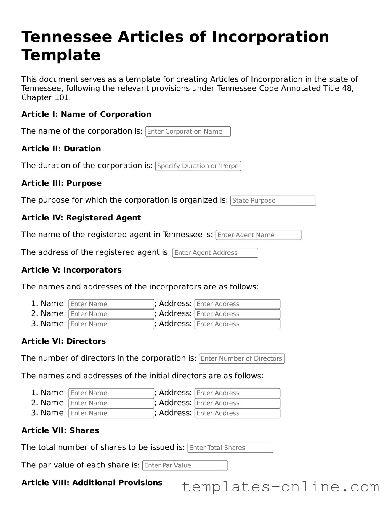 Valid  Articles of Incorporation Template for Tennessee