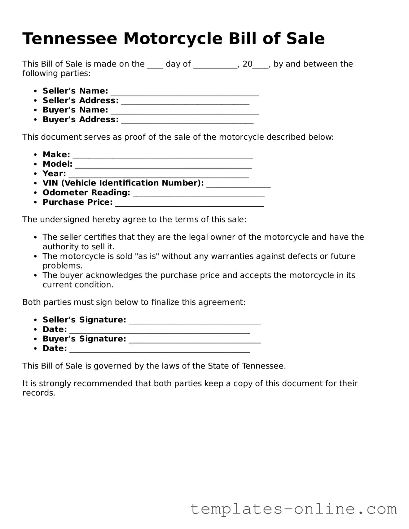 Valid  Motorcycle Bill of Sale Template for Tennessee