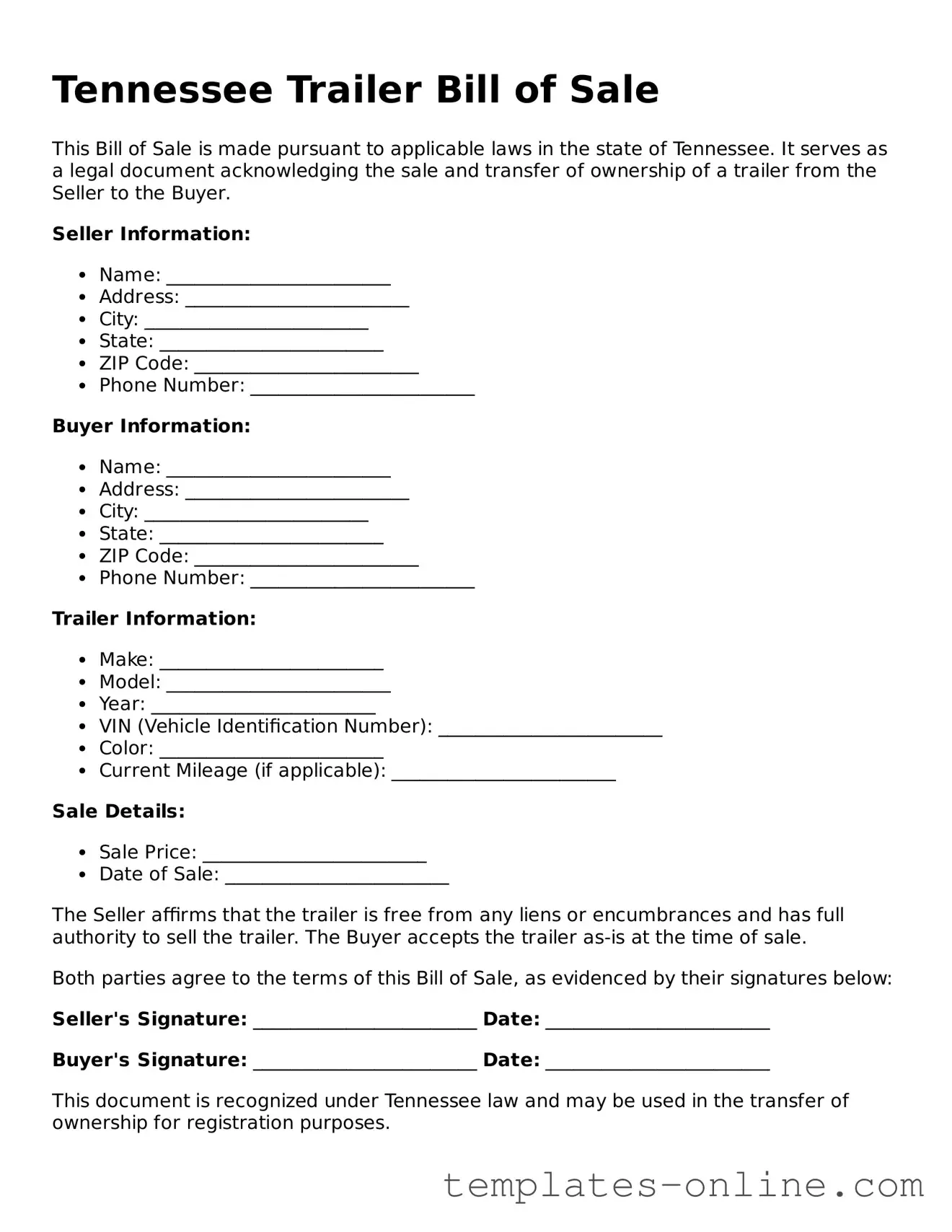 Valid  Trailer Bill of Sale Template for Tennessee