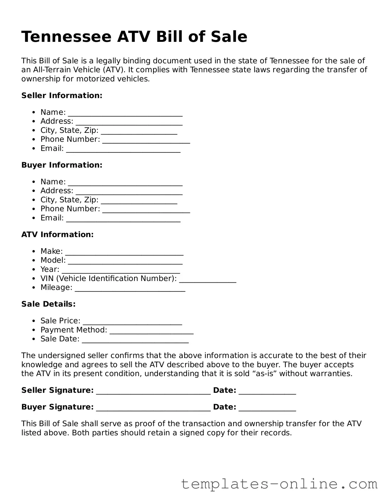 Valid  ATV Bill of Sale Template for Tennessee