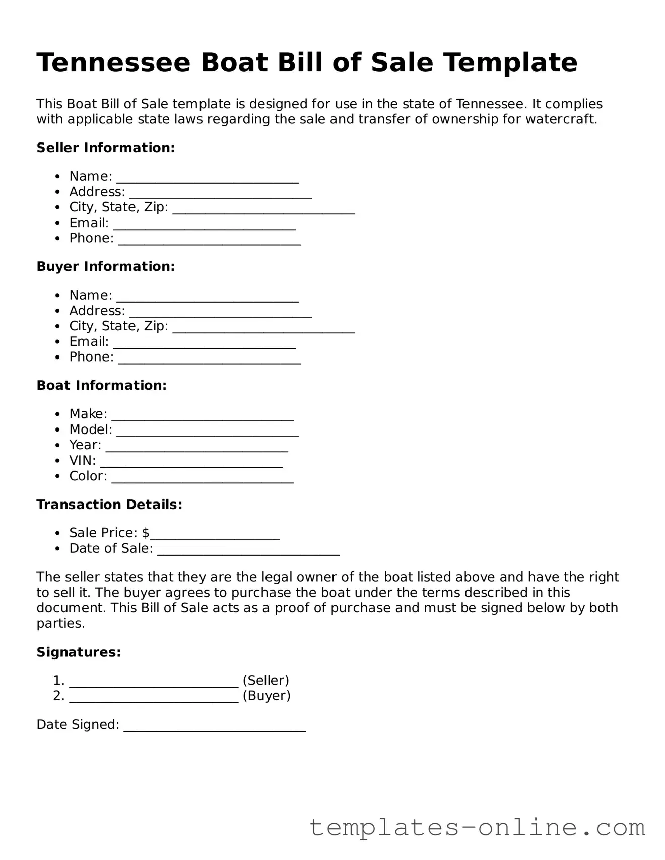 Valid  Boat Bill of Sale Template for Tennessee