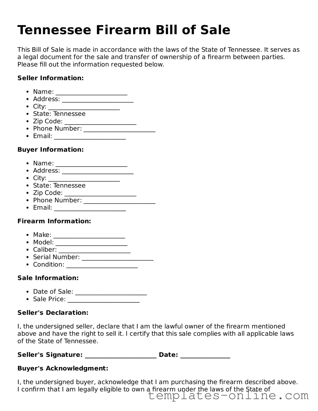 Valid  Firearm Bill of Sale Template for Tennessee