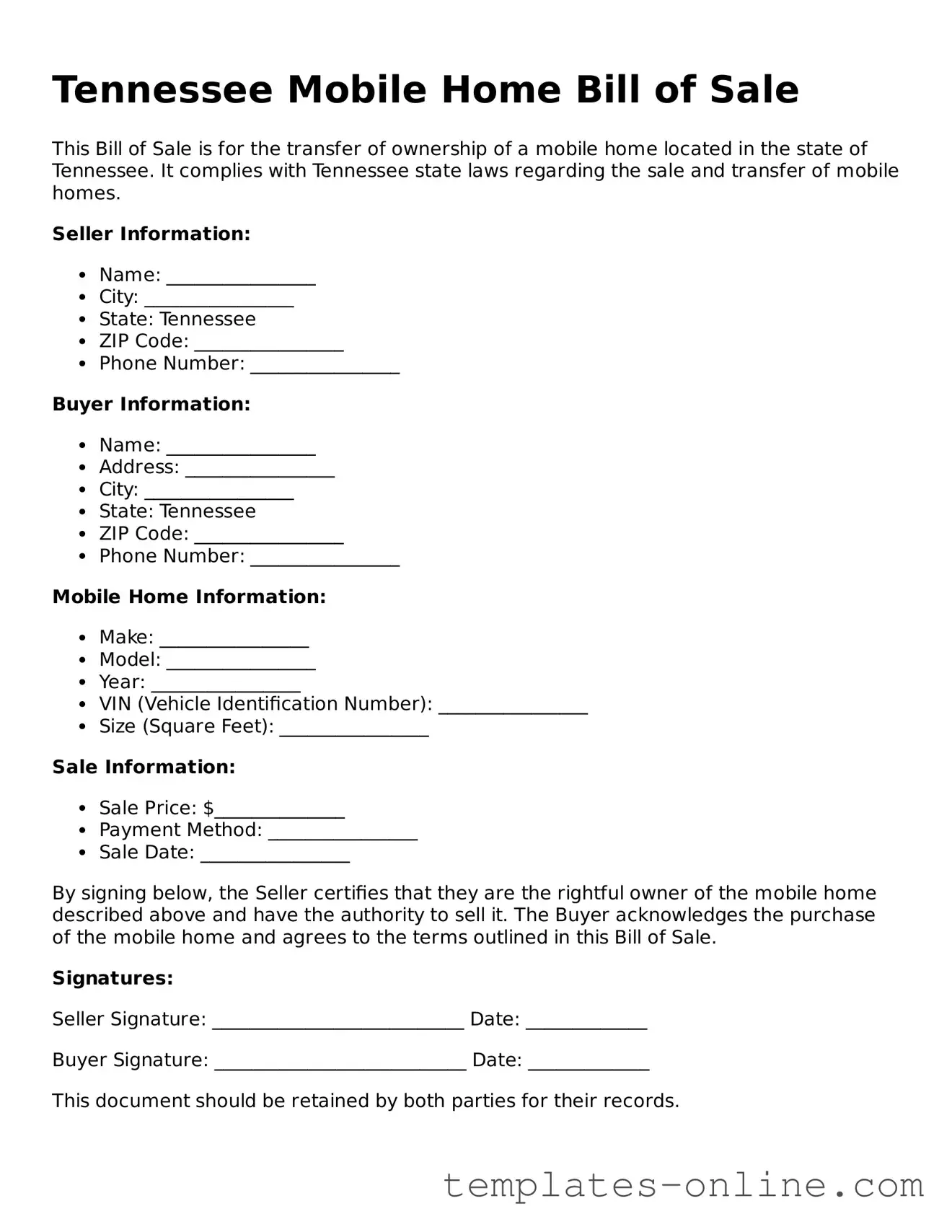 Valid  Mobile Home Bill of Sale Template for Tennessee