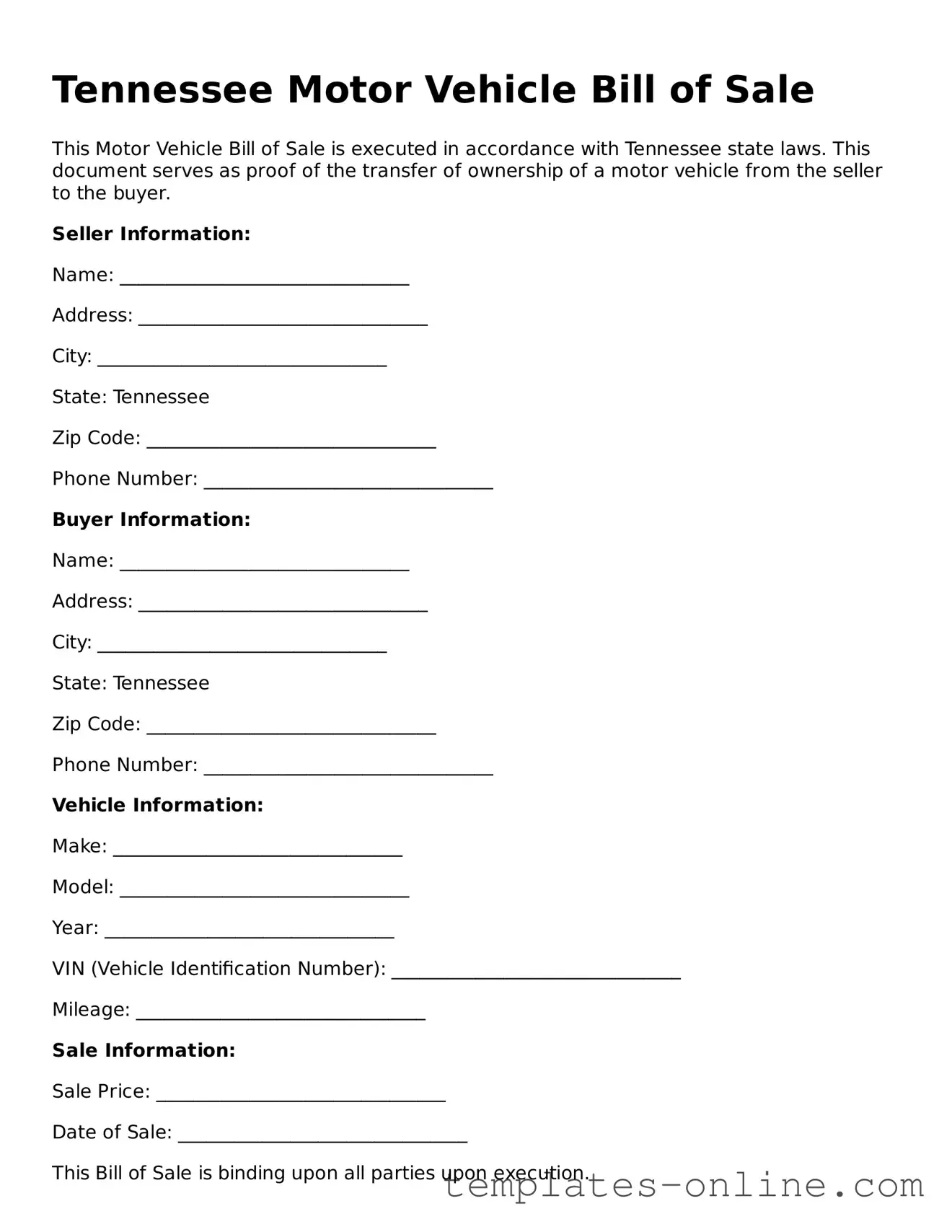 Valid  Motor Vehicle Bill of Sale Template for Tennessee