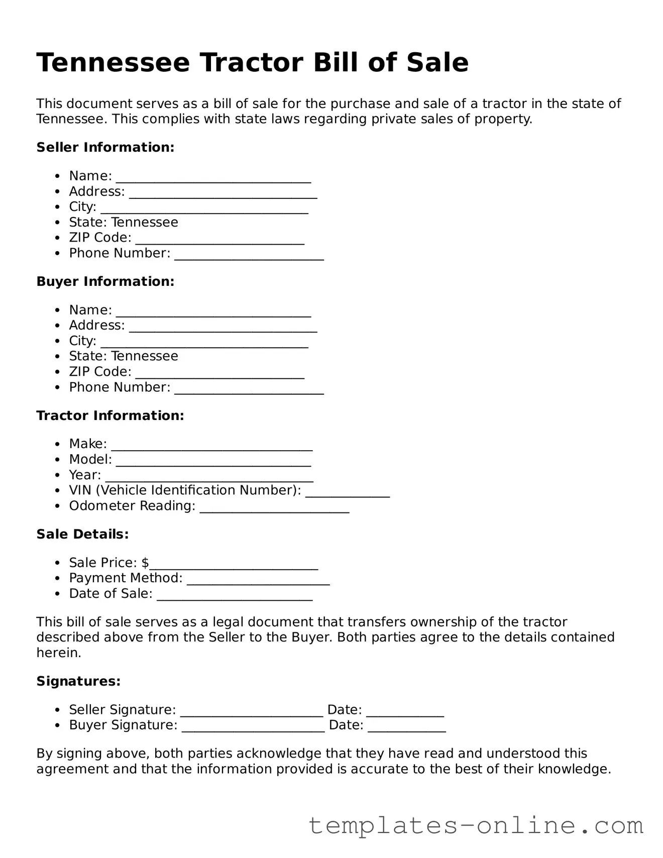 Valid  Tractor Bill of Sale Template for Tennessee