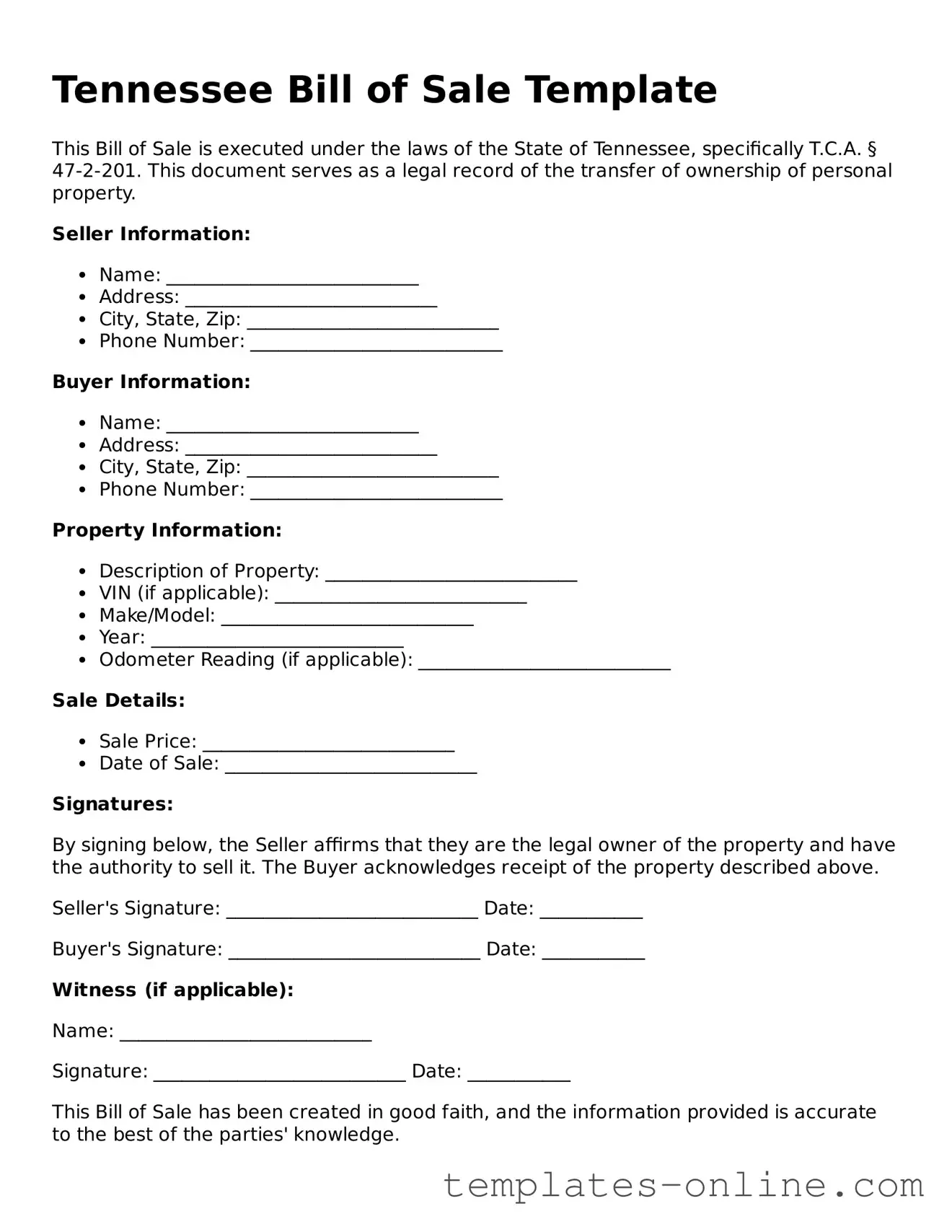 Valid  Bill of Sale Template for Tennessee