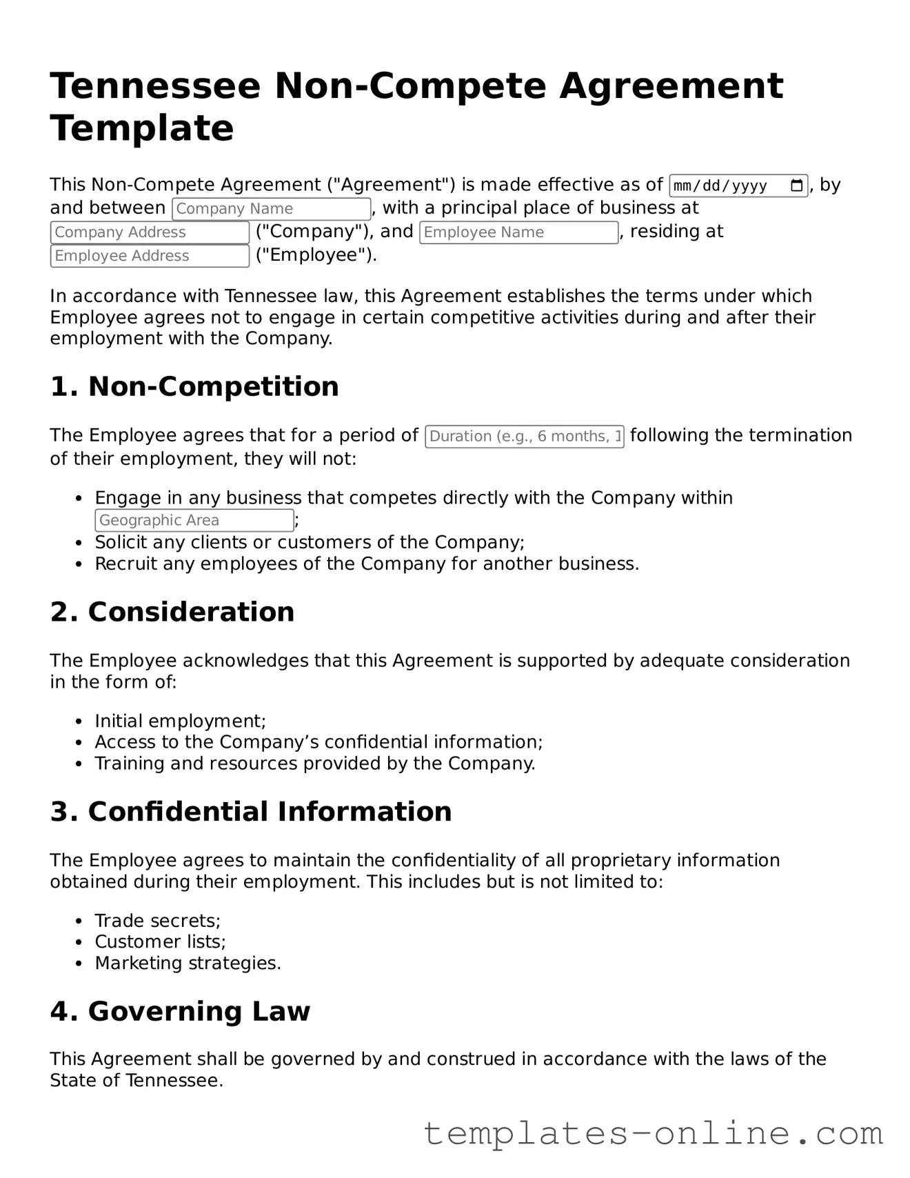 Valid  Non-compete Agreement Template for Tennessee