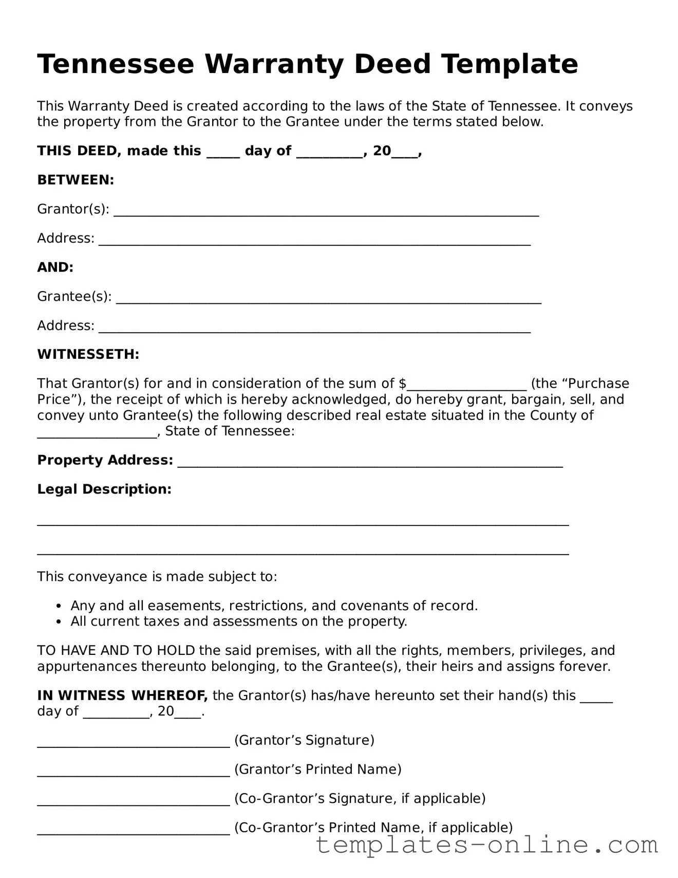 Valid  Deed Template for Tennessee
