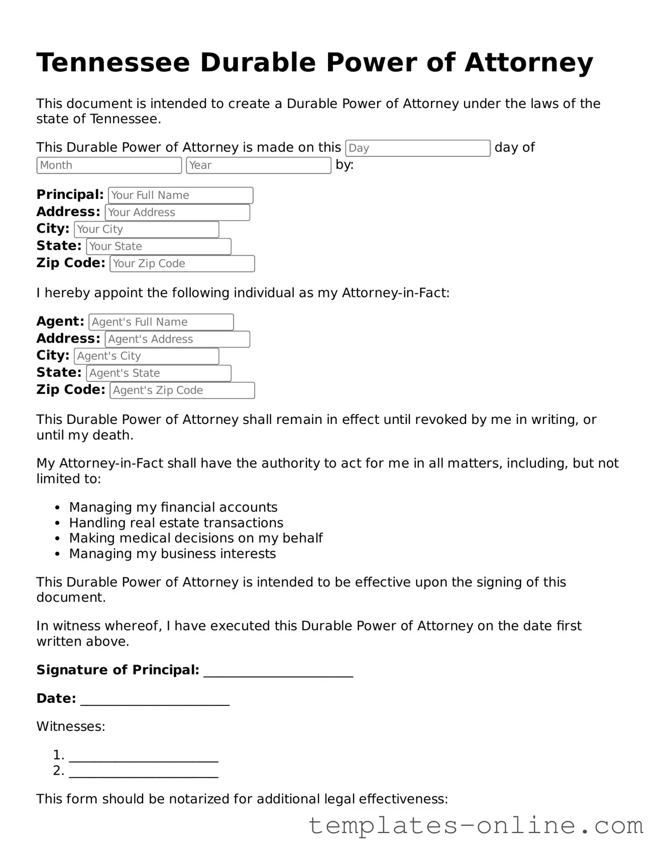 Valid  Durable Power of Attorney Template for Tennessee