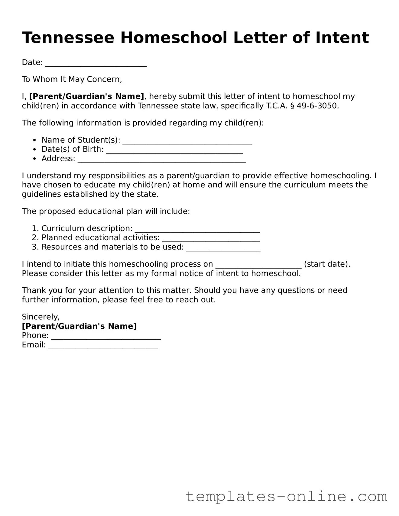Valid  Homeschool Letter of Intent Template for Tennessee