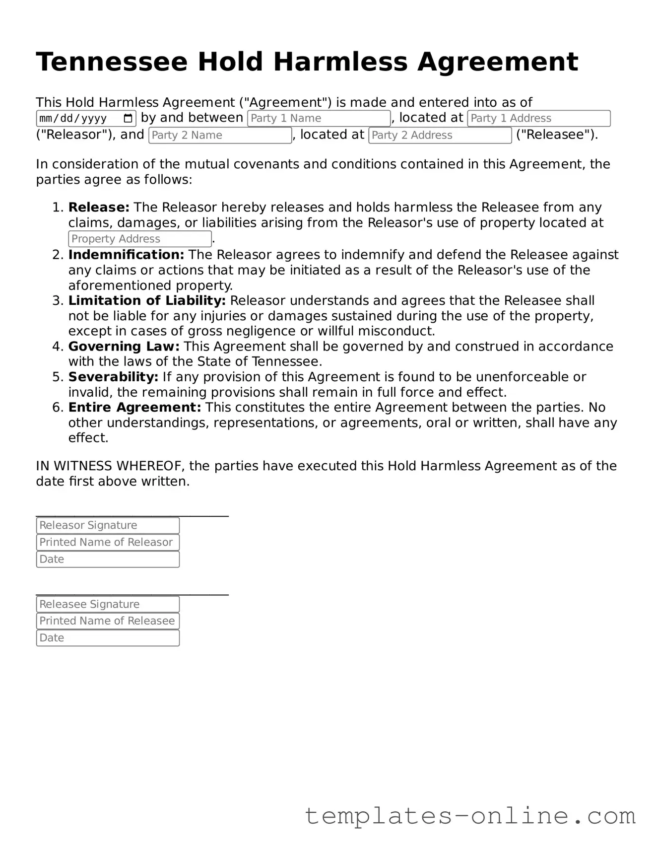 Valid  Hold Harmless Agreement Template for Tennessee