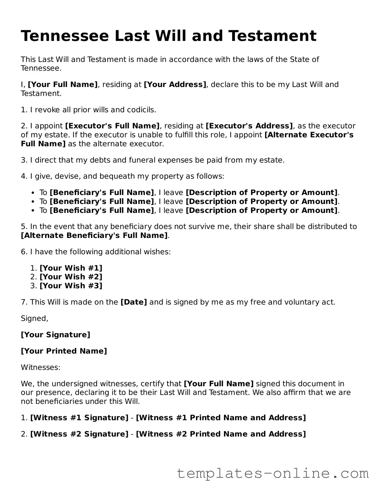 Valid  Last Will and Testament Template for Tennessee