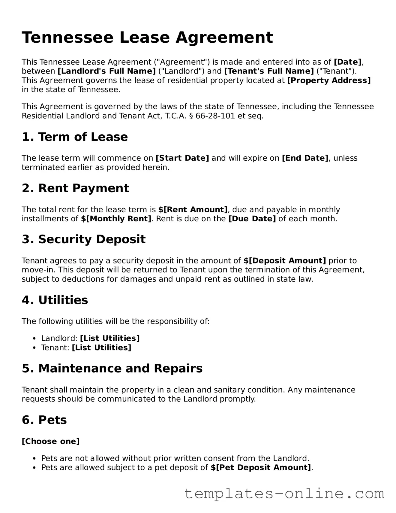 Valid  Lease Agreement Template for Tennessee