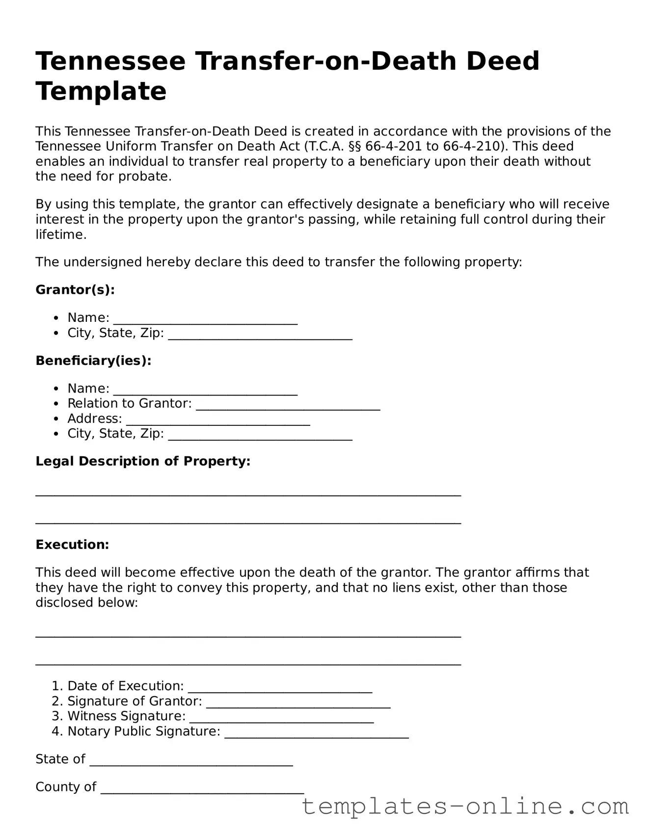 Valid  Transfer-on-Death Deed Template for Tennessee