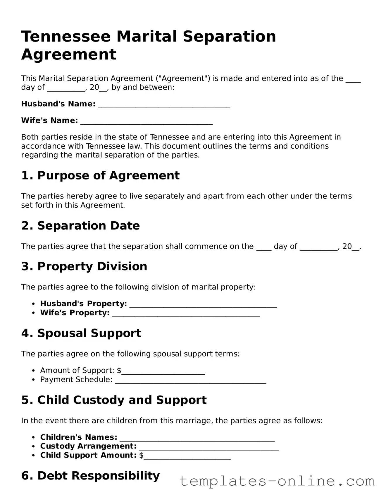Valid  Marital Separation Agreement Template for Tennessee