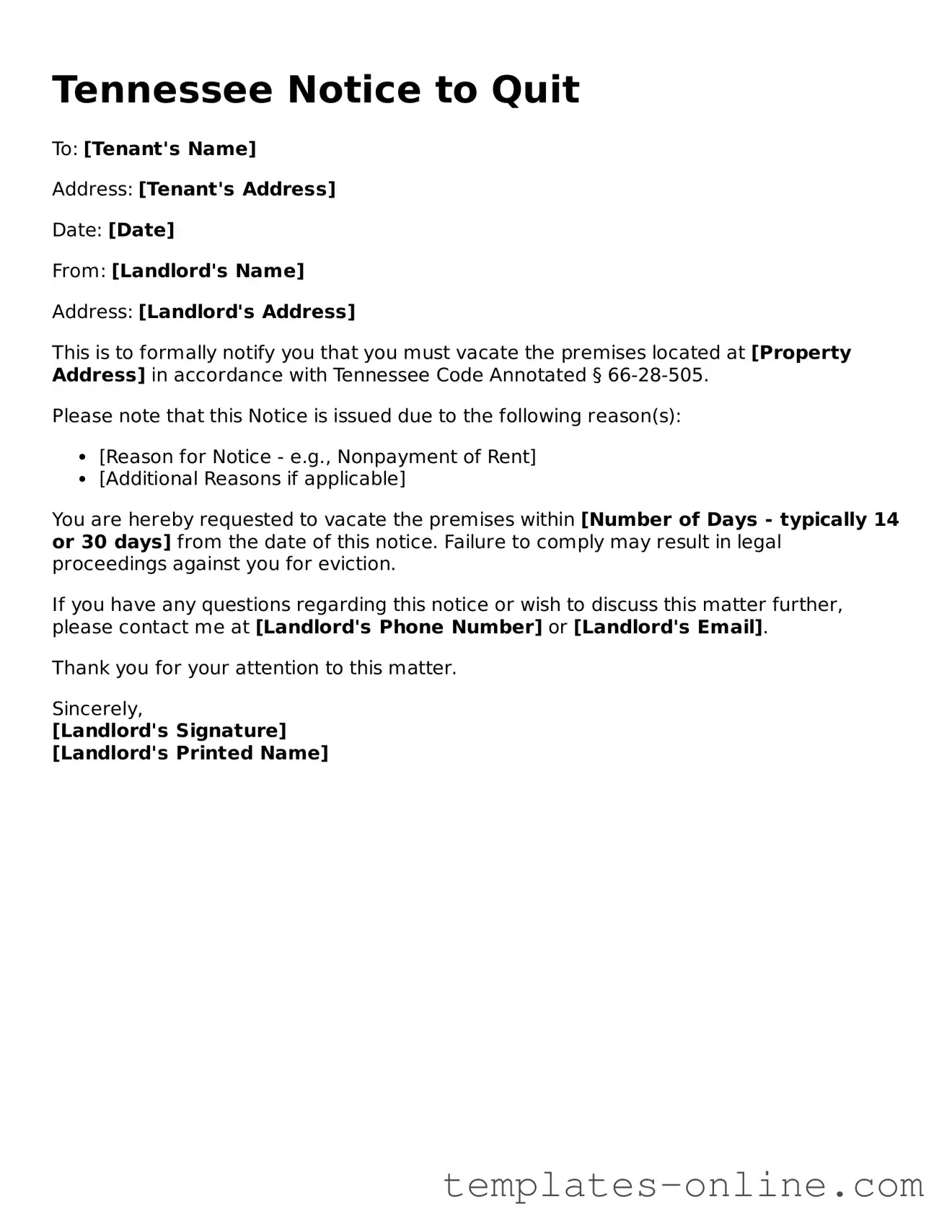 Valid  Notice to Quit Template for Tennessee